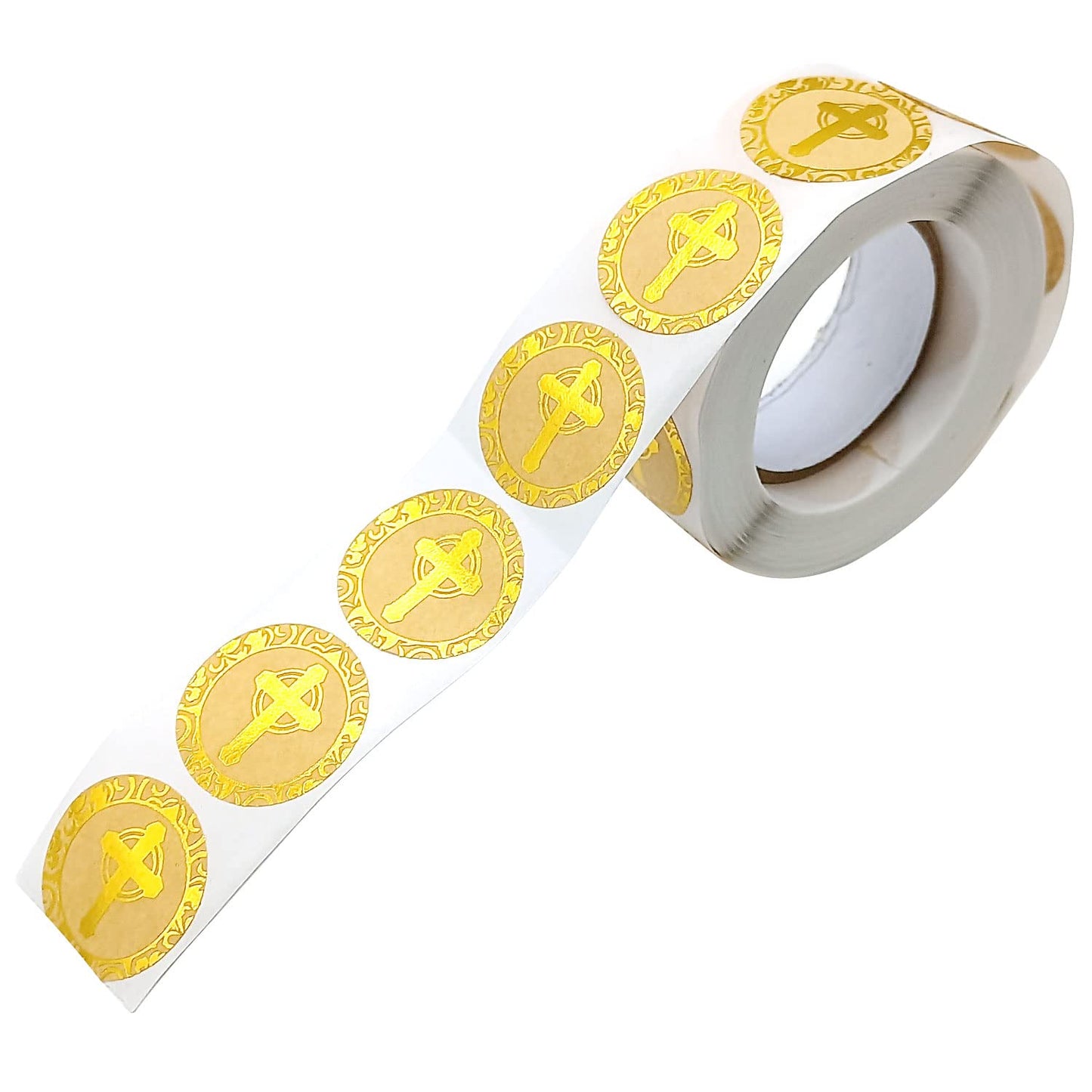 500-Piece Stickers Roll, Cross Design Round Labels with Gold Foil Finish, Round Labels Ideal for Christening, Communion, Christian Occassions, 1 inch/2.5 cm in Diameter (Cross)