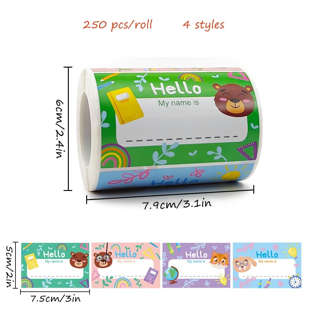 Hello Name Tag Cute Labels Roll Stickers Self-Adhesive Badge for School Office Nursery Home Supplies, 3"x2", 250 PCS