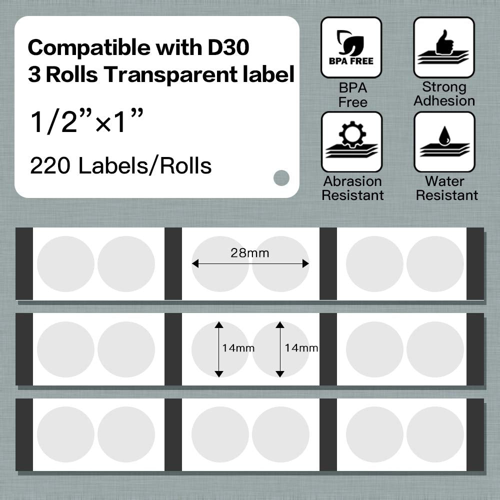 Phomemo D30 Labels,Transparent Circle 1/2" X 1" (14mm X 28mm),Adhesive Label Paper, 220 Labels/Roll,3 Roll, Compatible with Phomemo D30 Portable Bluetooth Label Maker Clear 14mmx28mm