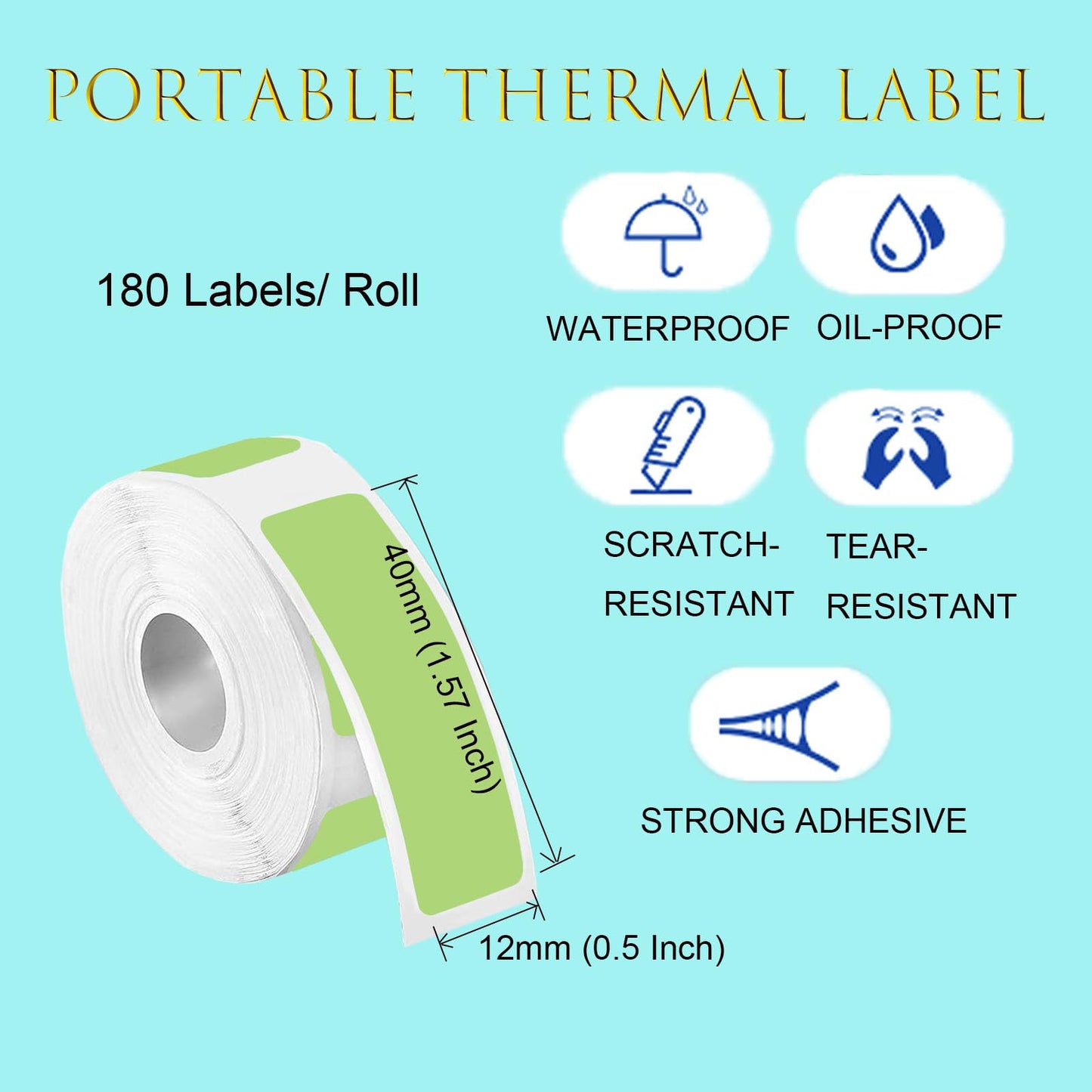 Label Maker Tape Black on Lime Green Sticker Thermal Paper Self-Adhesive Label Tape, 12 x 40 mm (1/2 X 1 1/2 Inch) 180 Tapes/Roll, Pure Small Rectangle Thermal Label Tape Replacement