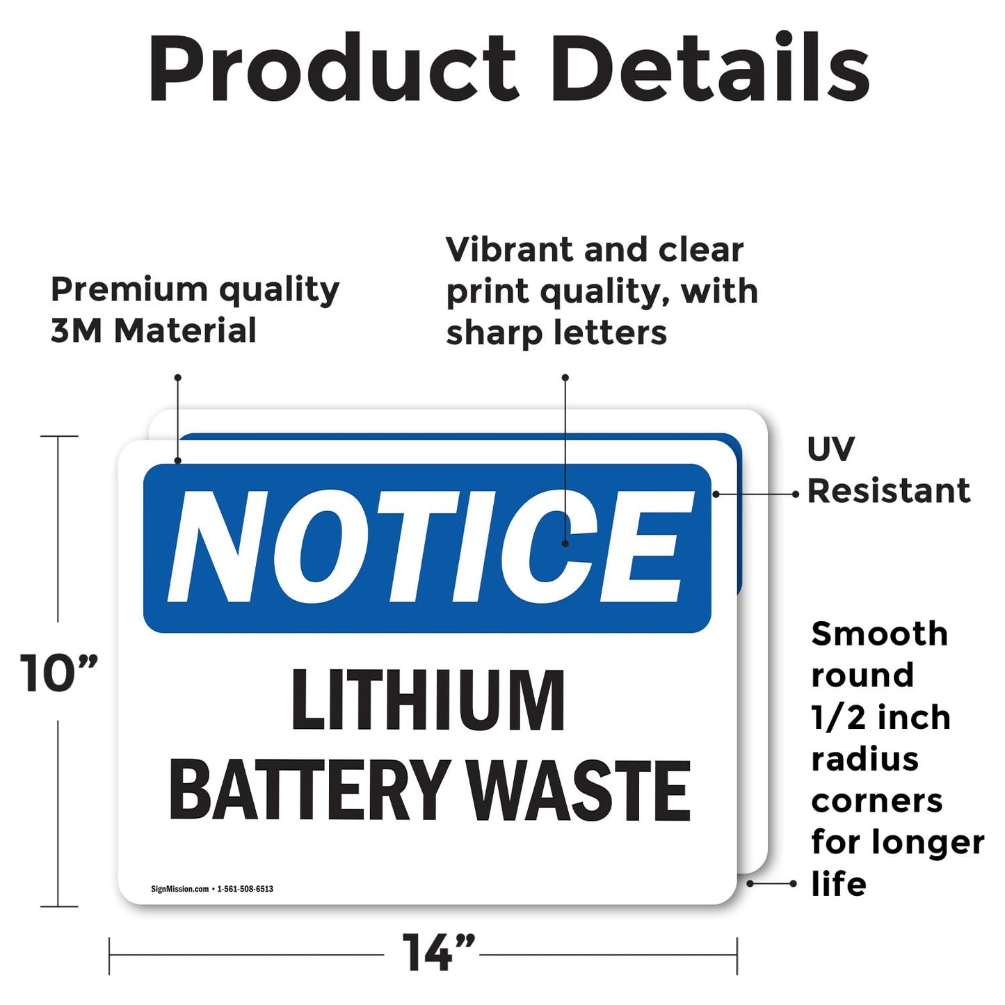 (2 Pack) Lithium Battery Waste OSHA Notice Sign 14 Inch X 10 Inch Vinyl Label Decal Sticker Weather Resistant, UV Protected for Workplace, Business, and Construction Site, Made in the USA