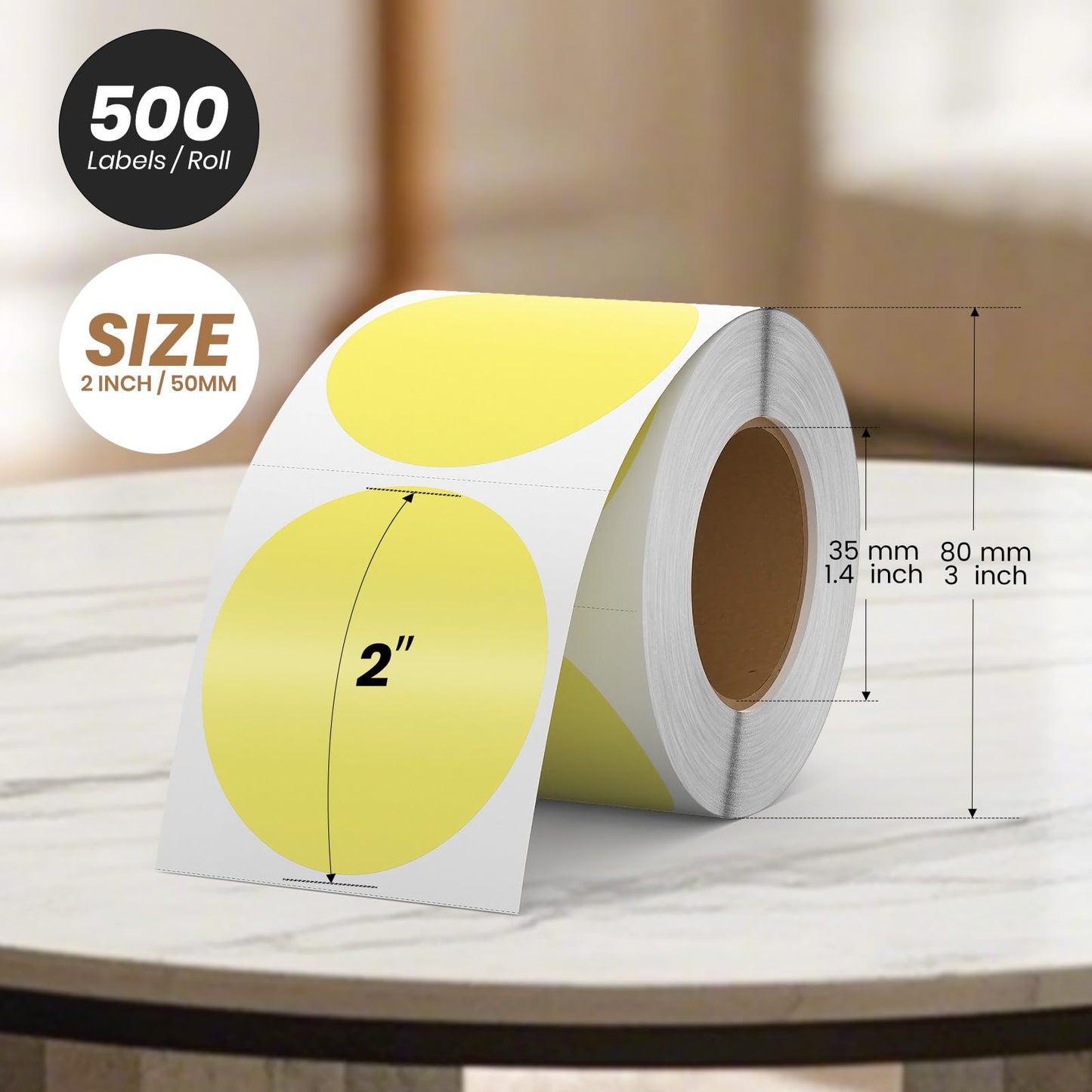 Round Thermal Labels 2 Inch Vinyl Circle Yellow Direct Printer Stickers Waterproof Self-Adhesive Decals Label for Logo Design Sealing Office Address 500 PCS