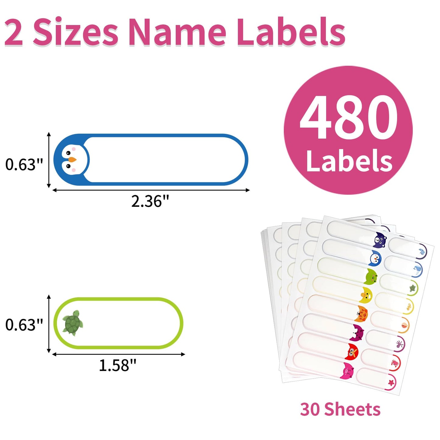 480 Pcs Labels for Kids Stuff Daycare, Waterproof Baby Name Label, Washable Bottle Labels, Reusable Self-Adhesive Tag Stickers for School Essentials, Self-Laminating Write-on Animal