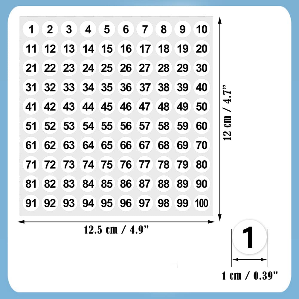 50 Sheets Consecutive Number Stickers Vinyl 1 to 100 Self Adhesive Decal 0.4 Inch Waterproof Round Stickers for Inventory Storage Classification