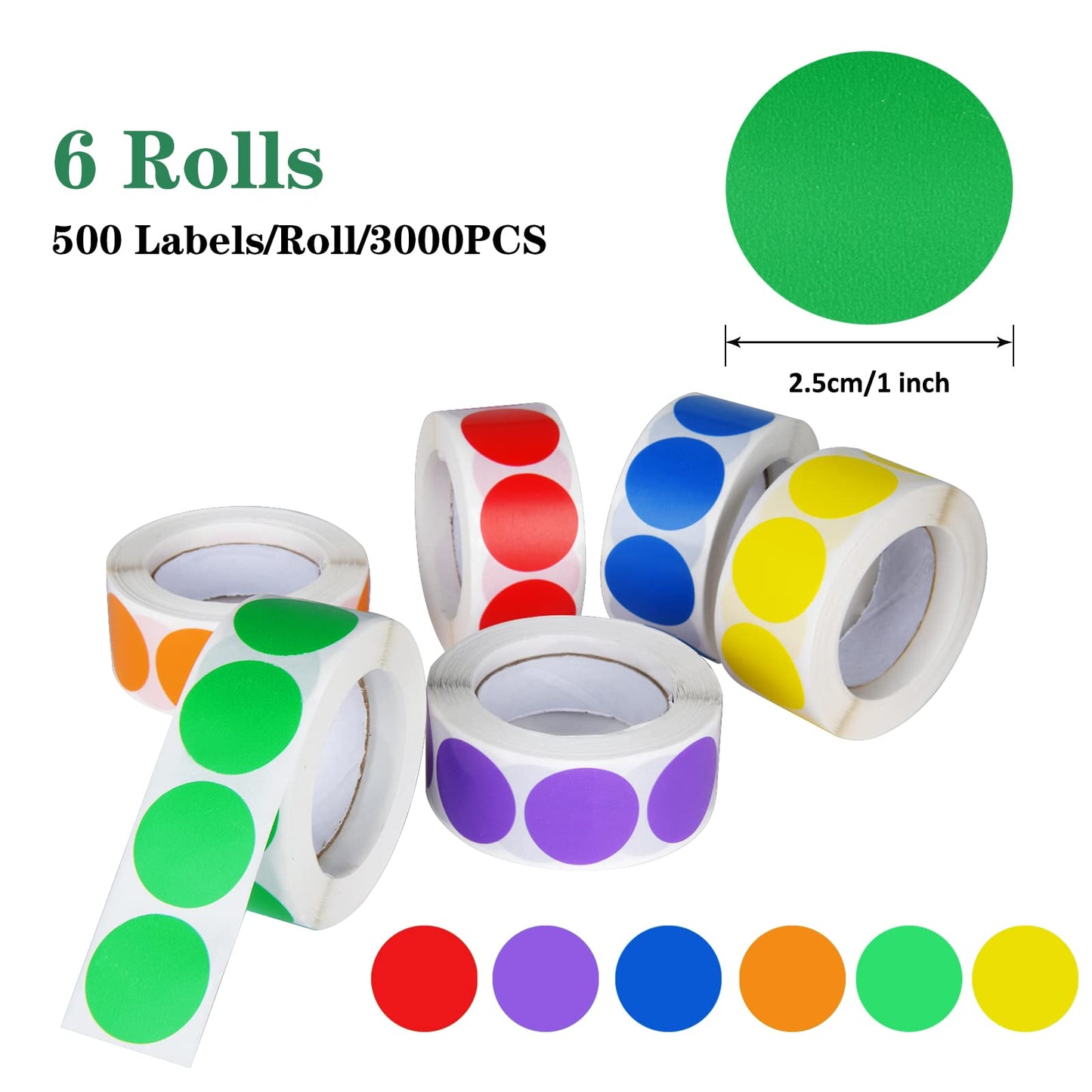 6 Colors 3000 Pieces Dot Stickers Color Code Circle Stickers Can Writing 1 Inch Office Supplies Stationery Sticker Garage Sale Sticker (6 Rolls, 500 Labels/Roll)