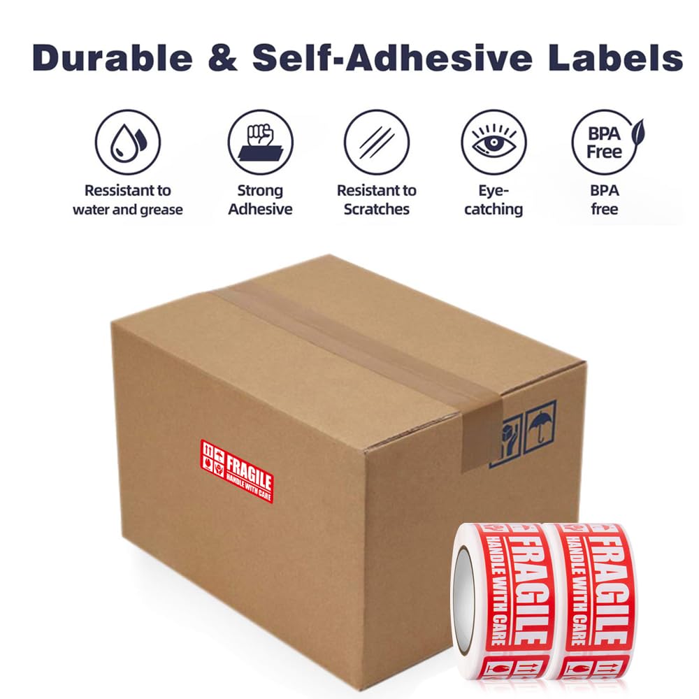 Fragile Handle with Care Stickers - Bold Red and White, 150-Pack for Moving Shipping Labels, Mailing Supplies - Packaging Protector for Delicate Items Bold Fragile