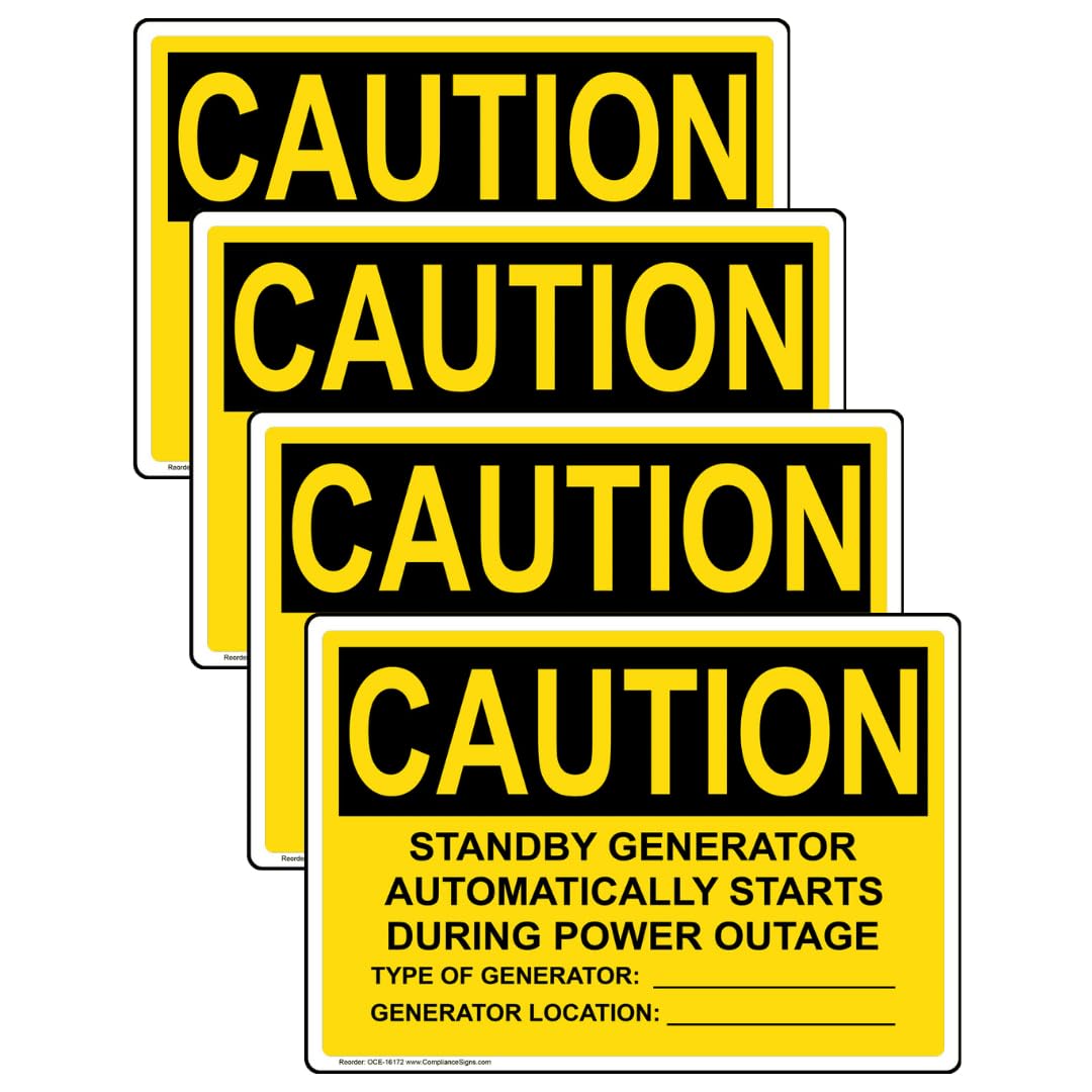 ComplianceSigns.com CAUTION Standby Generator Starts Automatically OSHA Label Decal, 5x3.5 inch 4-Pack Vinyl for Electrical 5" x 3.5" - 4 Pack Adhesive Vinyl