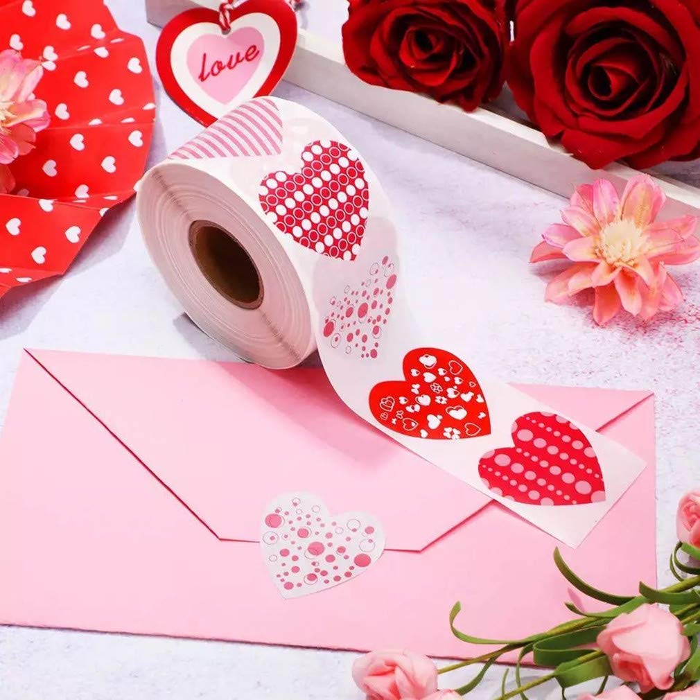 Dzrige Heart Stickers Roll Heart Shape Labels Love Decorative Stickers for Valentine Party Wedding Anniversary Candy Bag Envelop Bookmarks Decoration Supplies (500 Stickers per Roll)