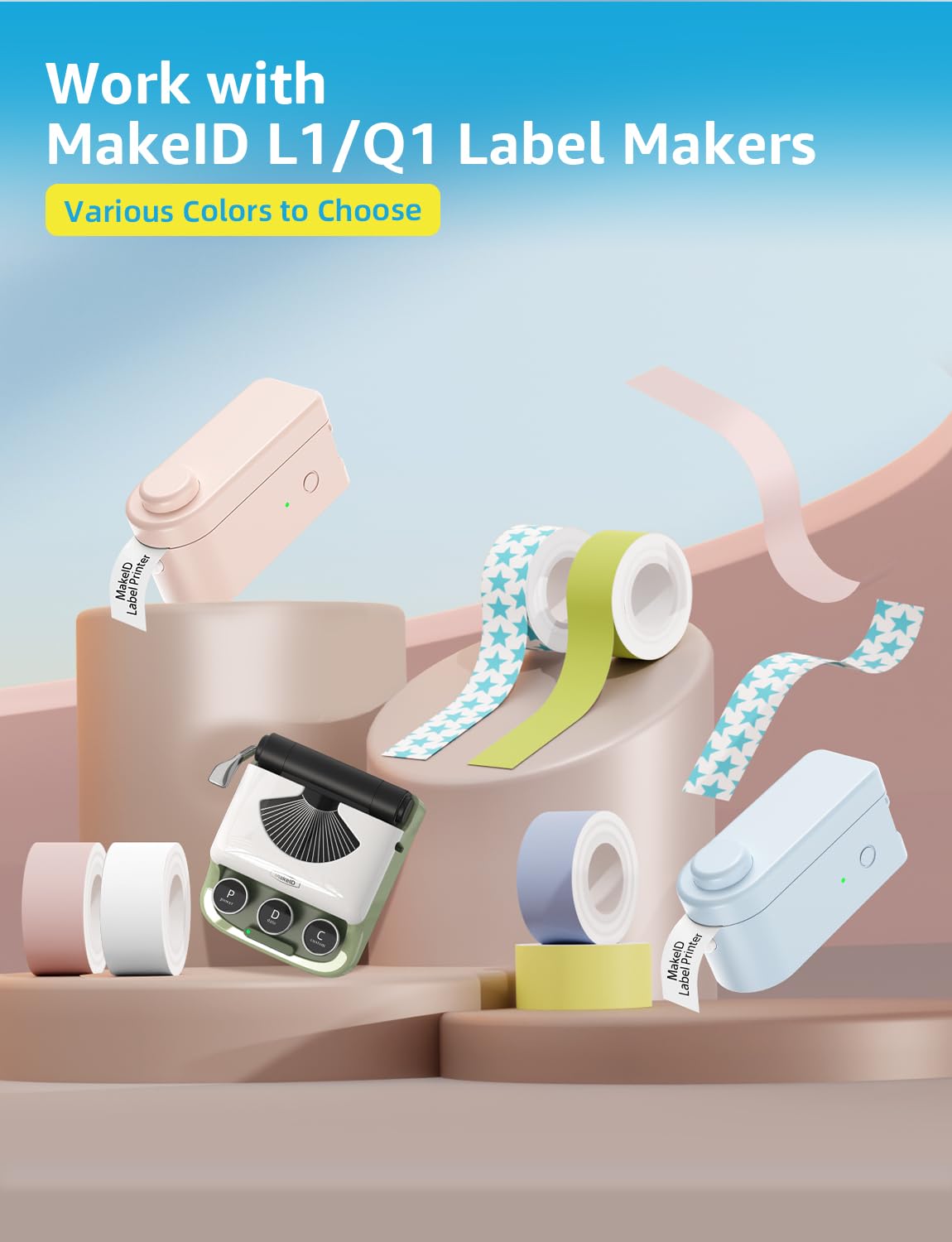 MakeID Label Maker Tape - Self-Adhesive Sticker Label Tape Refill Compatible with MakeID L1 Q1 Label Machine - Waterproof 6-Layer Laminated Film
