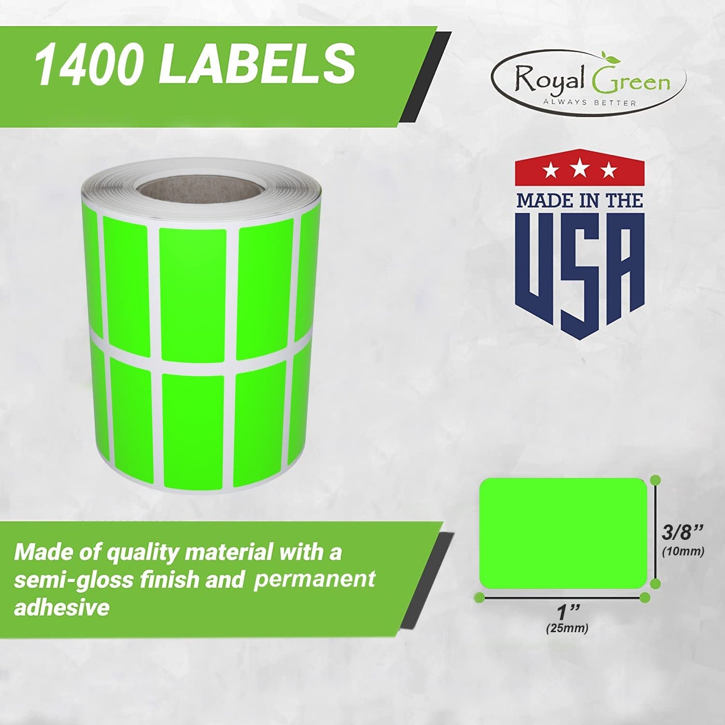 Royal Green Blue Rectangle Labels Stickers Rolls with Permanent Adhesive 25mmx10mm - 1400 Pack