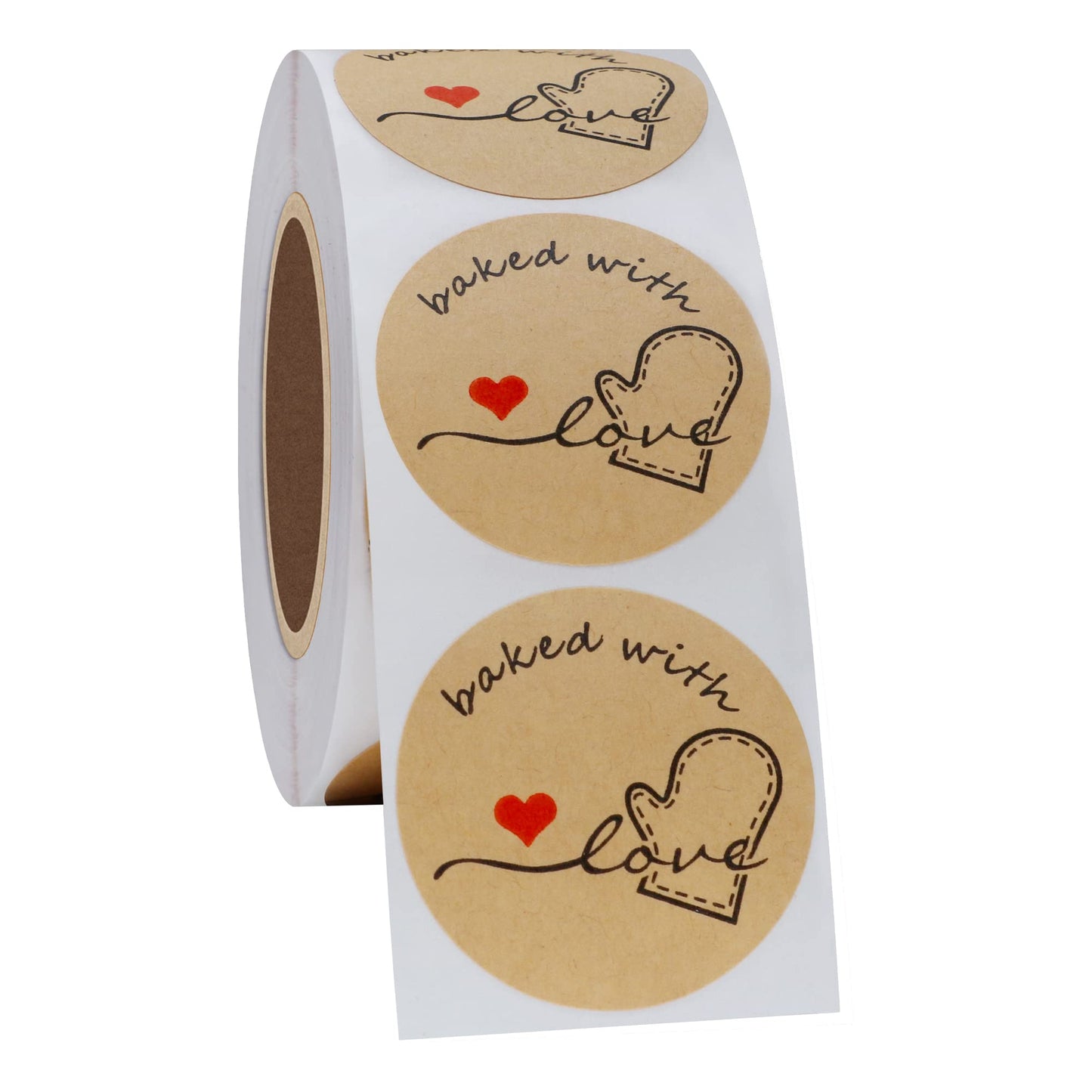 Hybsk Rustic Baked with Love Stickers with Wreath Around 1.5" Inch Round Total 500 Adhesive Labels Per Roll(Kraft) Kraft Paper