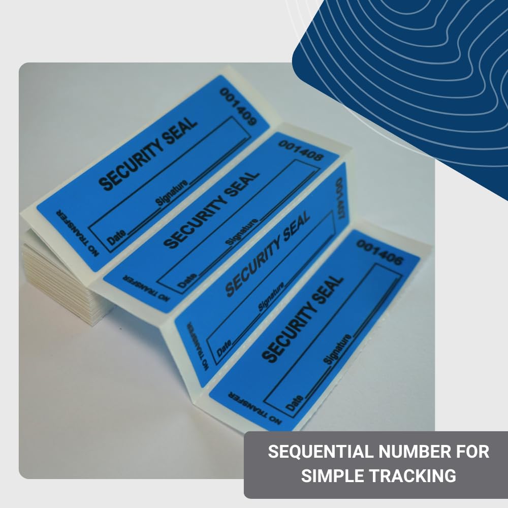 USPACKSMART 1"x3.35" Blue Non-Transfer Tamper-Evident Security Void Stickers/Labels/Seals with Sequential Numbers, Writable, Fan Folded for Convenience | 100-Pack Labels/Stickers