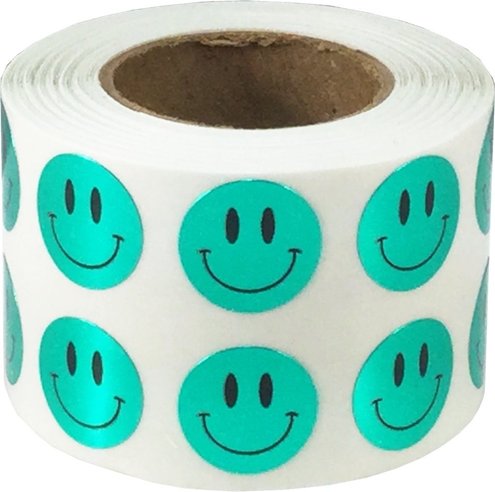 1/2" Inch Small Metallic Green Happy Face Labels, 1,000 Total Adhesive Stickers on a Roll, Perfect for Kids Classroom Incentives, Motivational Chart Use