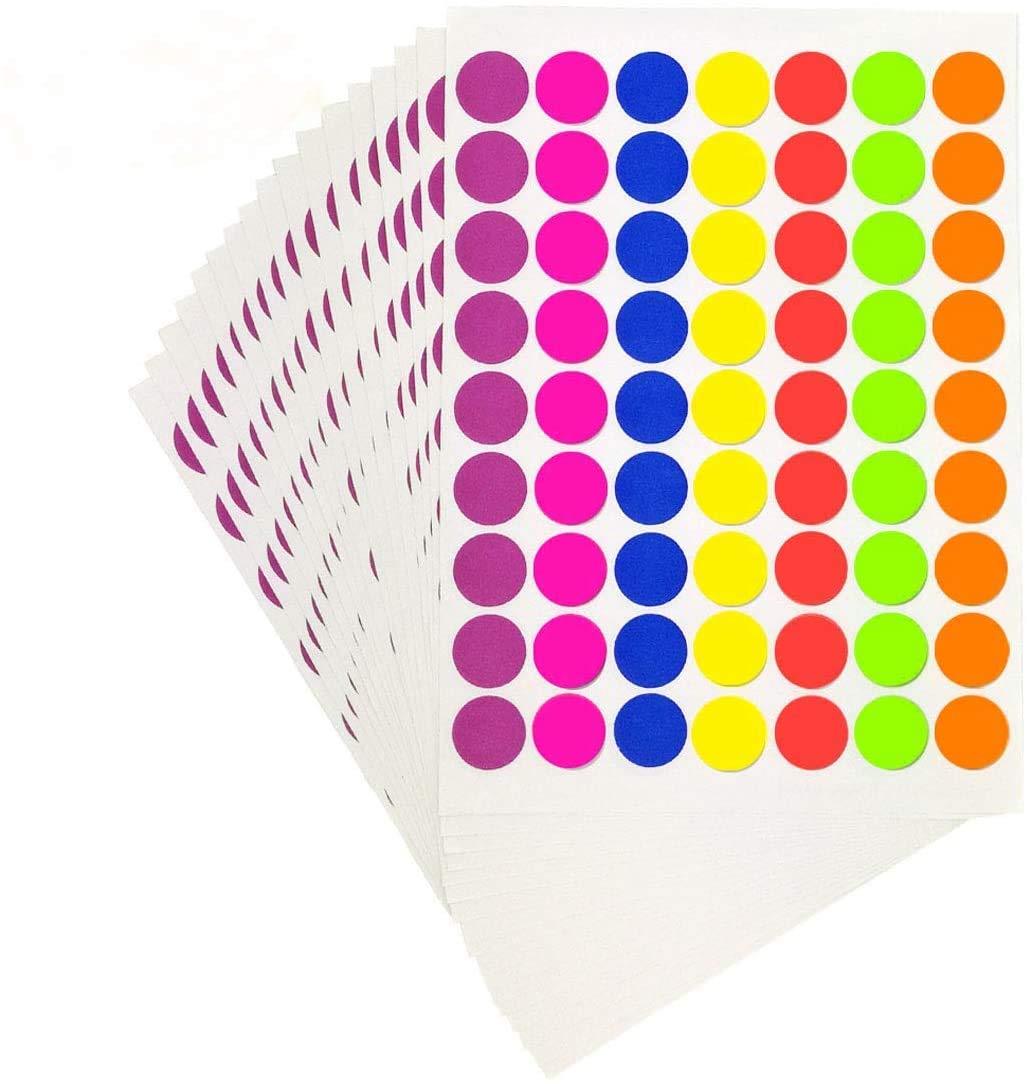 Pack of 1827 1-inch Round Color Coding Labels Circle Dot Stickers,7 Bright Neon Colors,Print or Write 8.5" x 11" Sheet(29 Sheet)