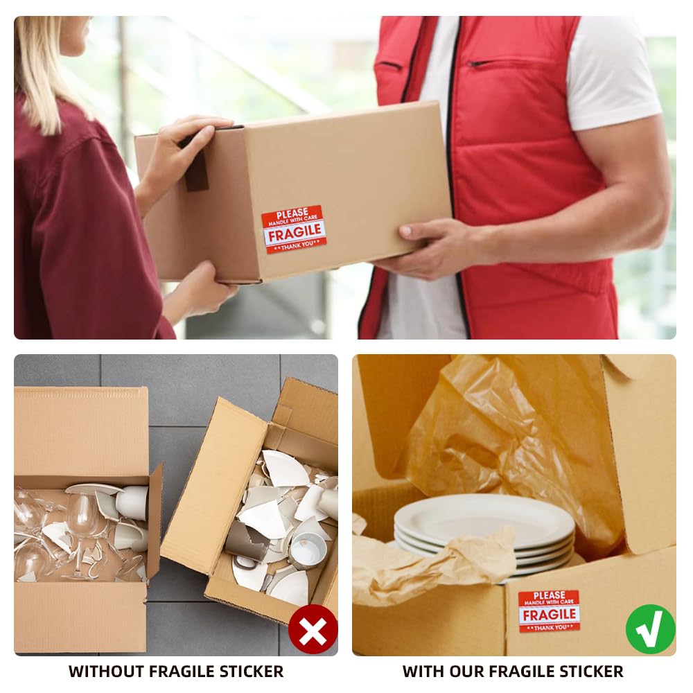 2" x 3" Fragile Stickers for Shipping, Handle with Care Fragile Stickers, Strong Permanent Adhesive Labels for Moving, Red Warning Packing Shipping Label Stickers (500 Labels/1 Roll) 1 Roll, 500Labels