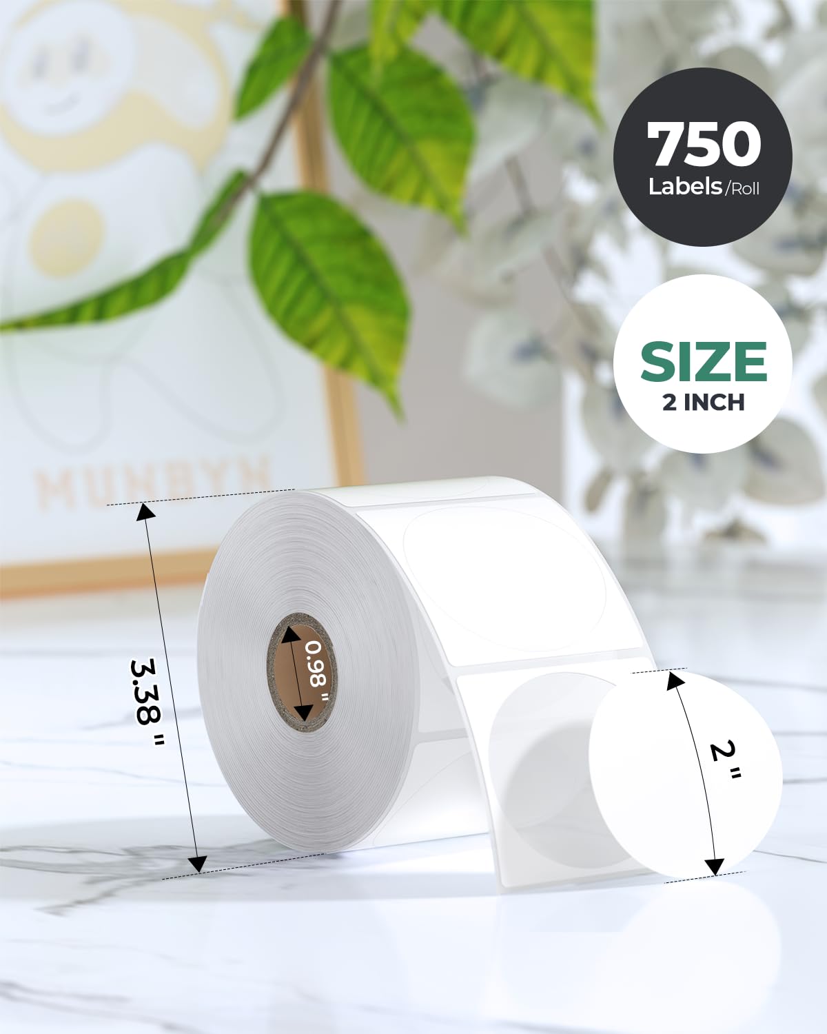 MUNBYN 2 Inch Circle Thermal Sticker Labels, Self-Adhesive Round Direct Thermal Labels for Business, 750 Sheets/1 Roll 2inch White 1