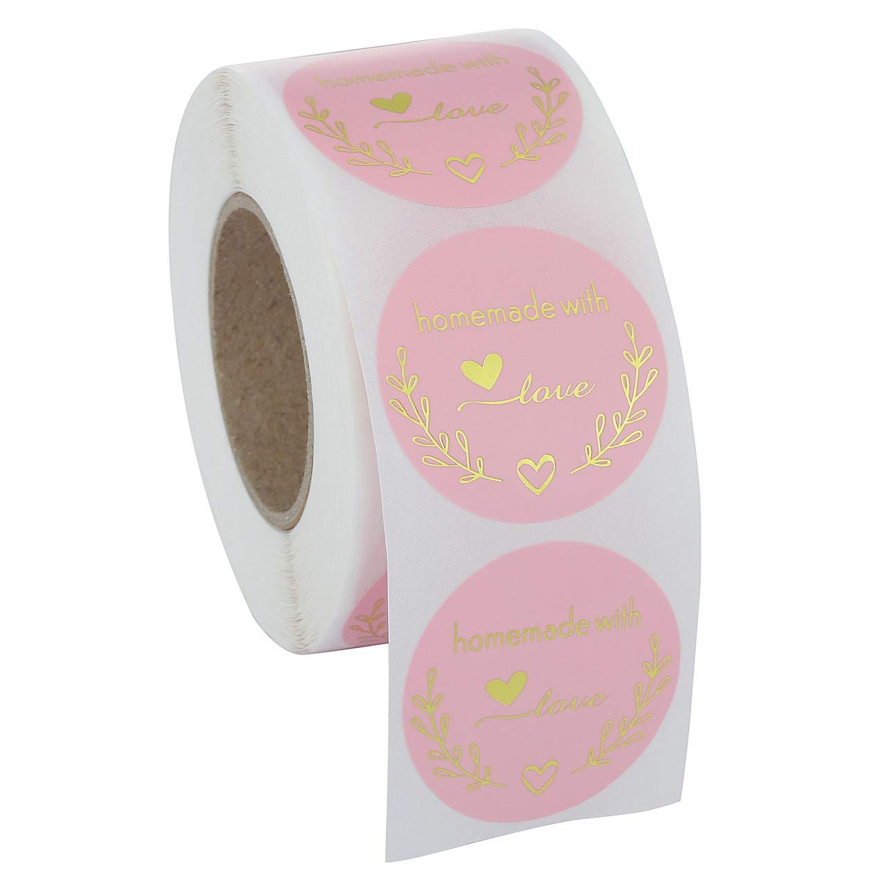 Yoption 1.5 Inch Round Homemade with Love Stickers Pink for Packaging, Cookie Bags, Small Shop Local Handmade, 500 Labels per Roll
