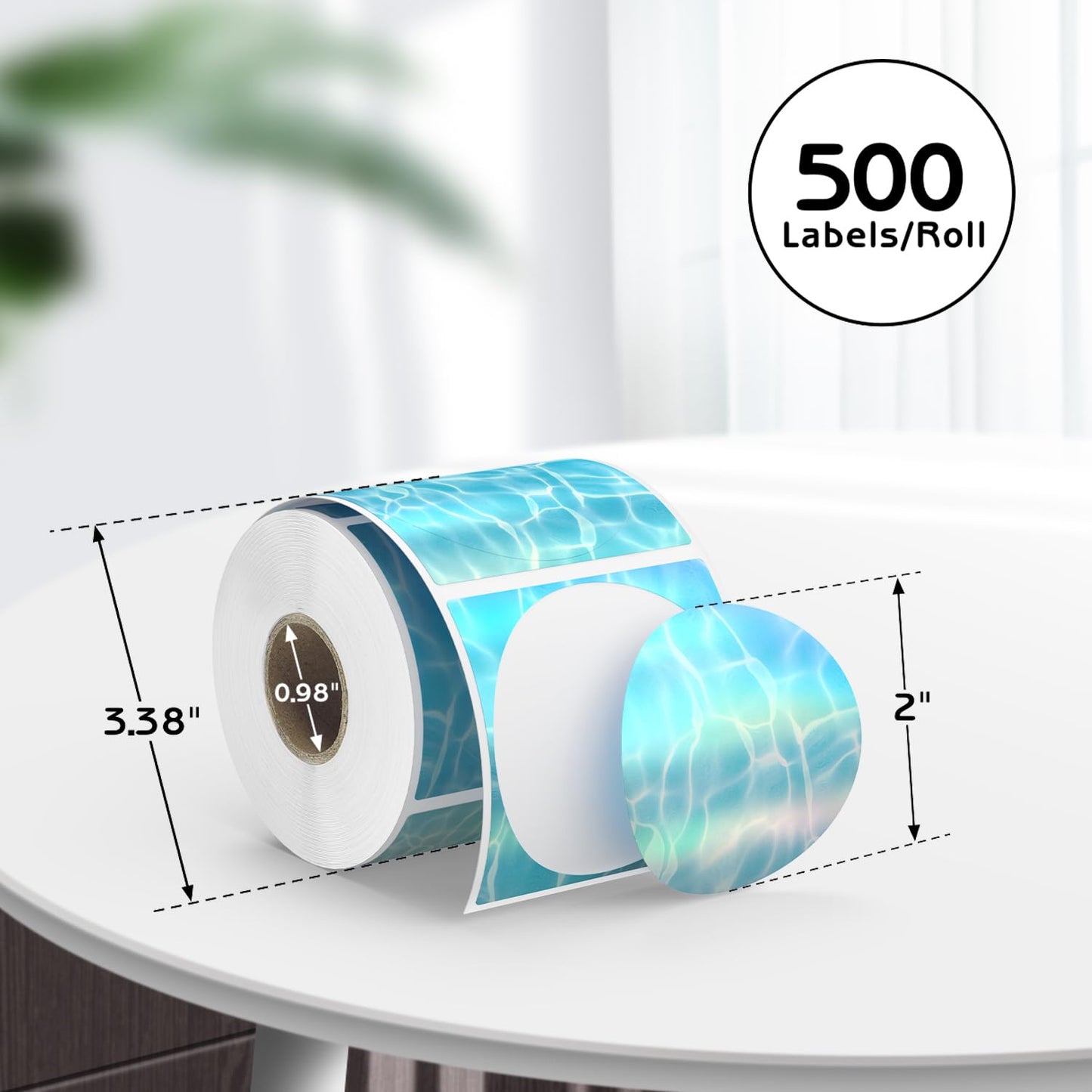 2" Circle Holographic Thermal Label Stickers, Direct Thermal Ocean Stickers Labels for Gift Wrapping, Name Price Tag DIY Custom Logo, Compatible with Rollo & MUNBYN Printers (500 Pcs/Roll) Light Blue