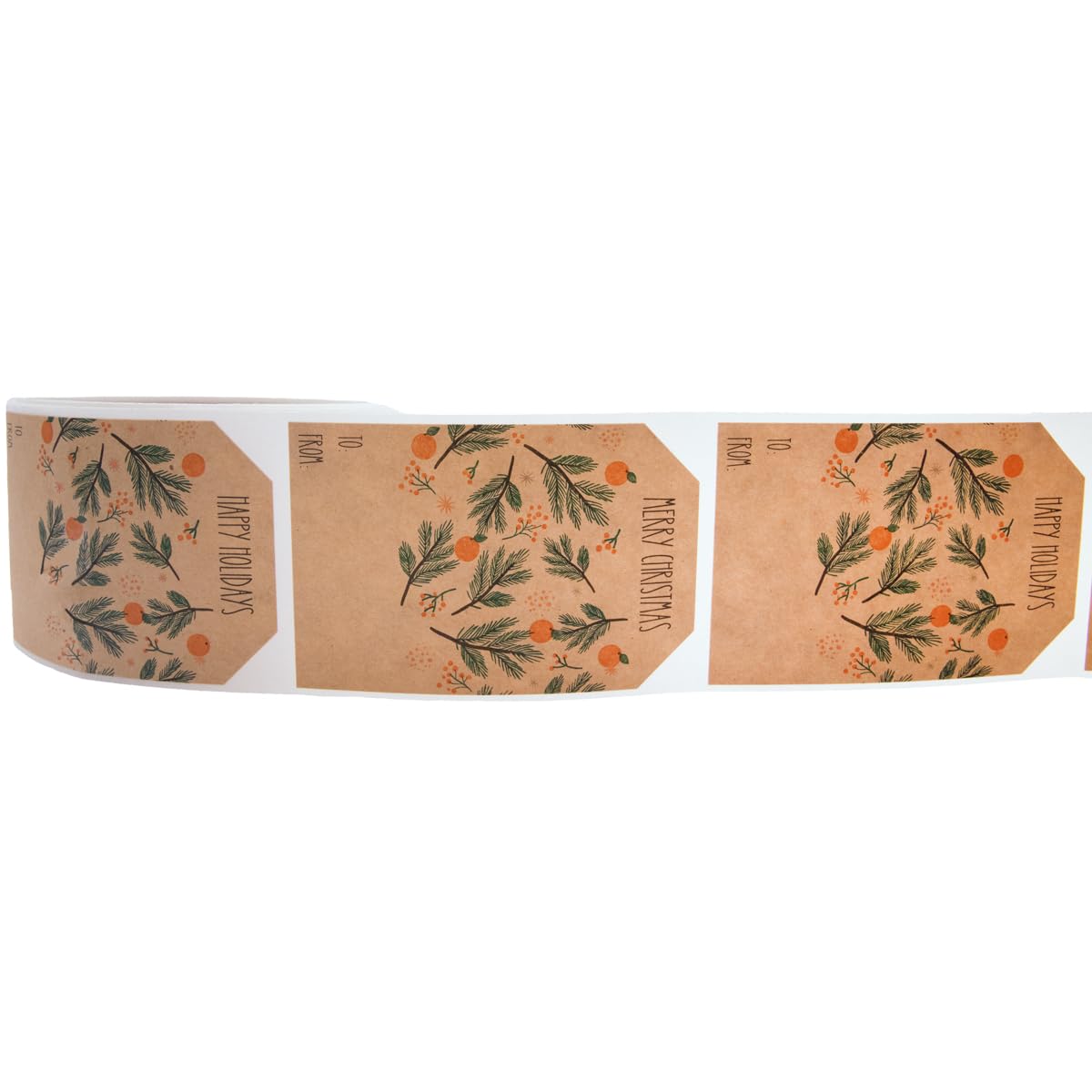 Natural Kraft Orange & Green Christmas Gift Tag Stickers – 2 x 3 Inch Adhesive Labels with Oranges & Fir Tree– 100 Eco-Friendly Labels, Made in USA