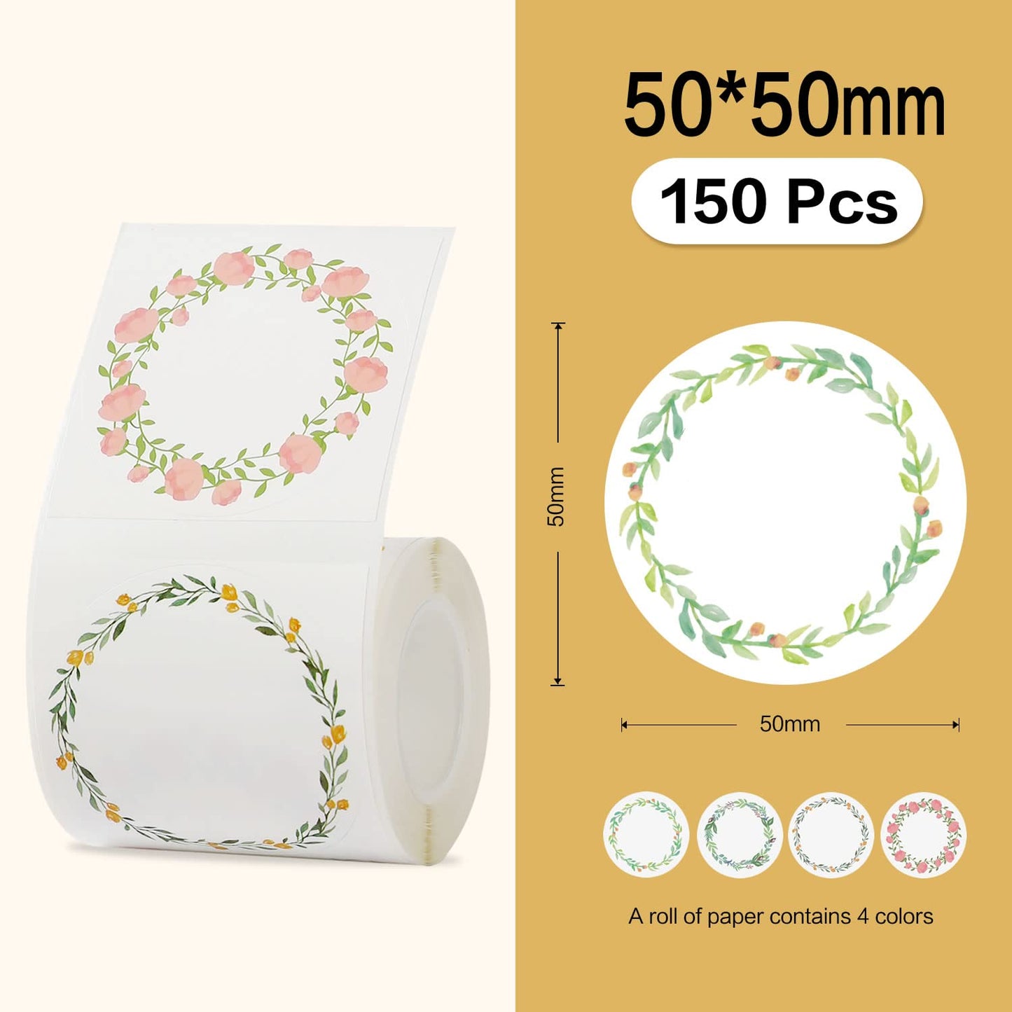 2 Rolls Multi-Purpose Round Address Wedding Waterproof Label Sticker for B1/B21/B3S Label Printer, Bottle Mason Jars Spice Food Container Kitchen organizing Storage 50x50mm,150 Label/Roll-Flower Frame Flower Frame Set