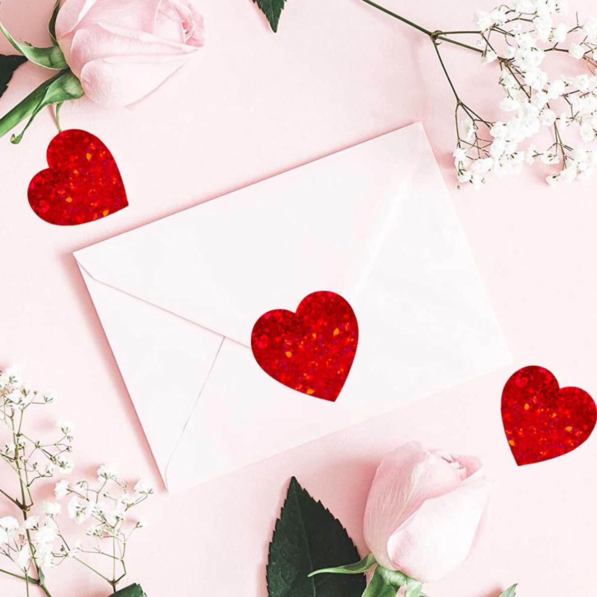 500PCS Valentine's Day Heart Stickers Red Sparkle Love Heart Roll Stickers Valentine's Day Decoration Round Labels Heart Shape Scrapbooking Adhesive Stickers for Valentine's Day Wedding Gift Decor