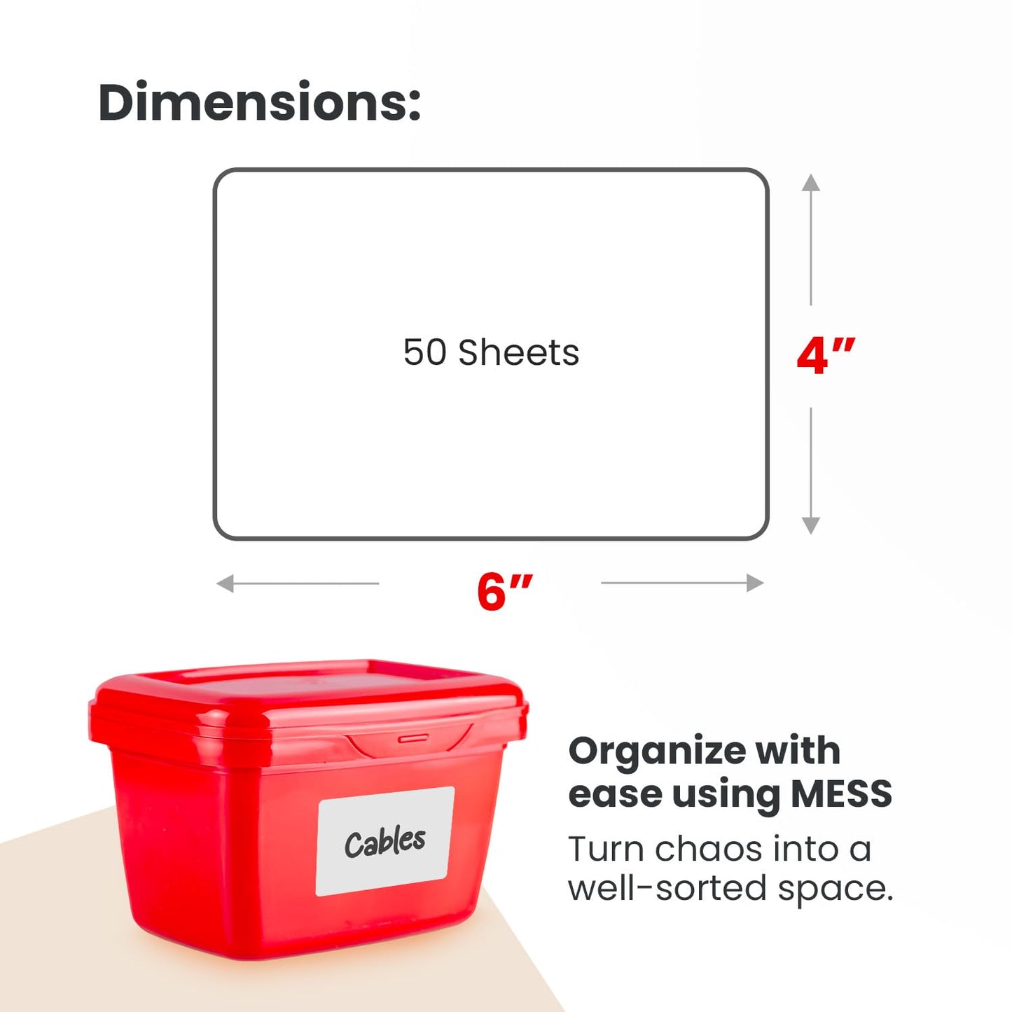 MESS Large Removable Labels for Storage Bins (50 6x4") - Pantry Labels - Labels for Craft Organization - Shelf, Tote Moving Labels for Boxes White