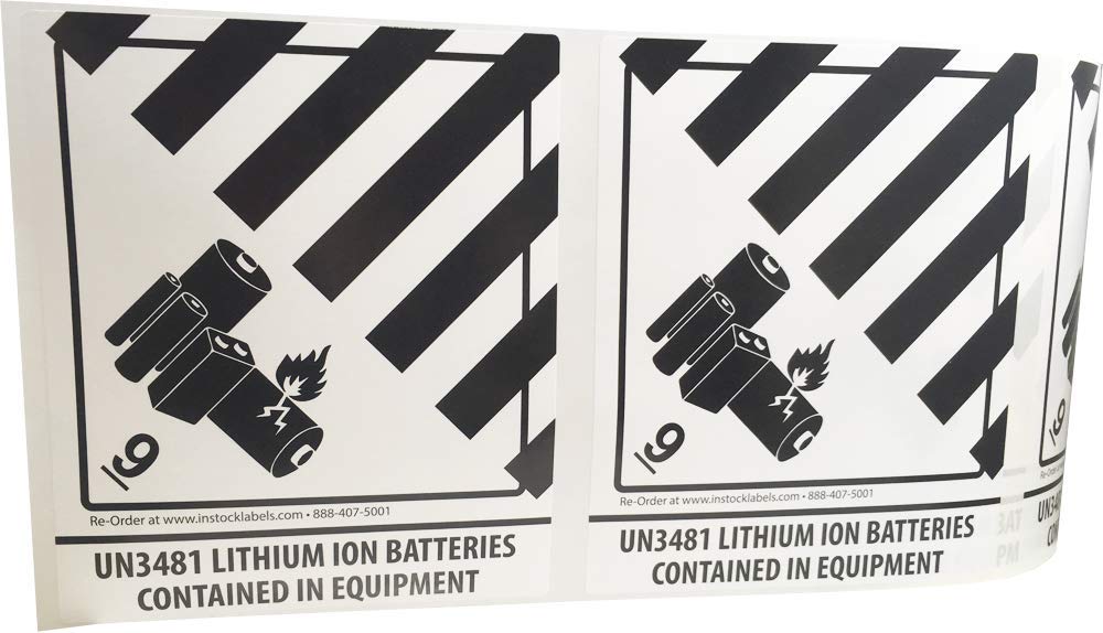 Lithium Ion Batteries Contained in Equipment UN 3481 Hazard 9 (Pre-Printed) Labels 4 x 4.75 Inch 500 Total Stickers on a Roll