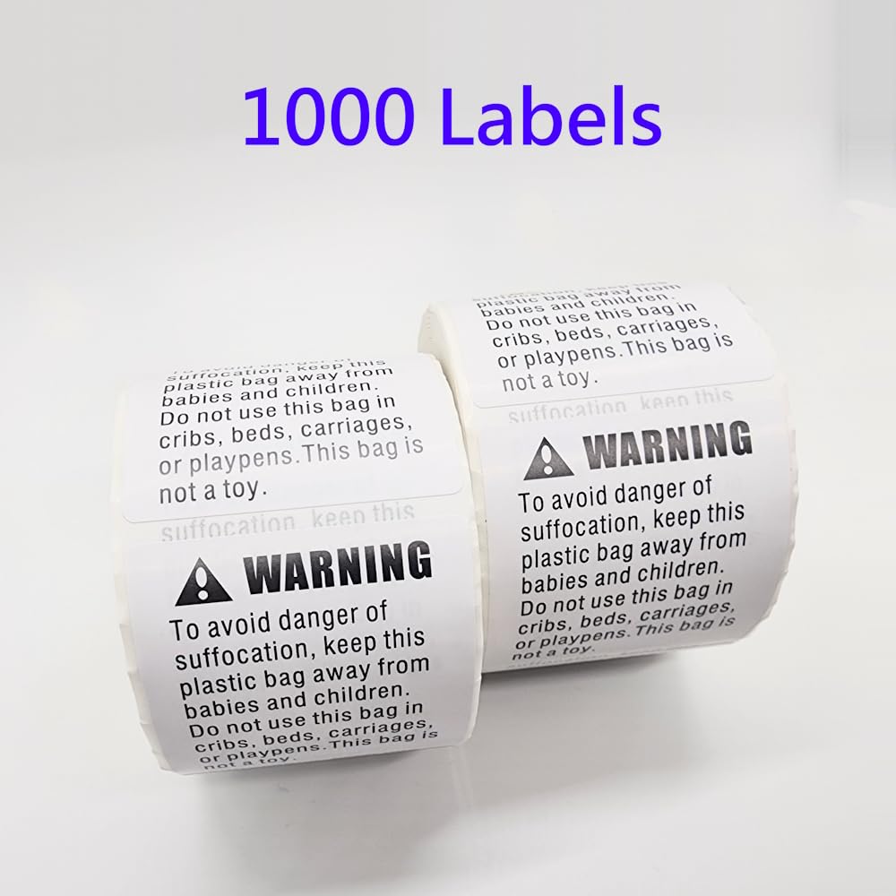 1000 Labels 2 x 2 Suffocation Warning Labels Choking Hazard Self Adhesive FBA Approved Labels Stickers (2 Rolls of 500)