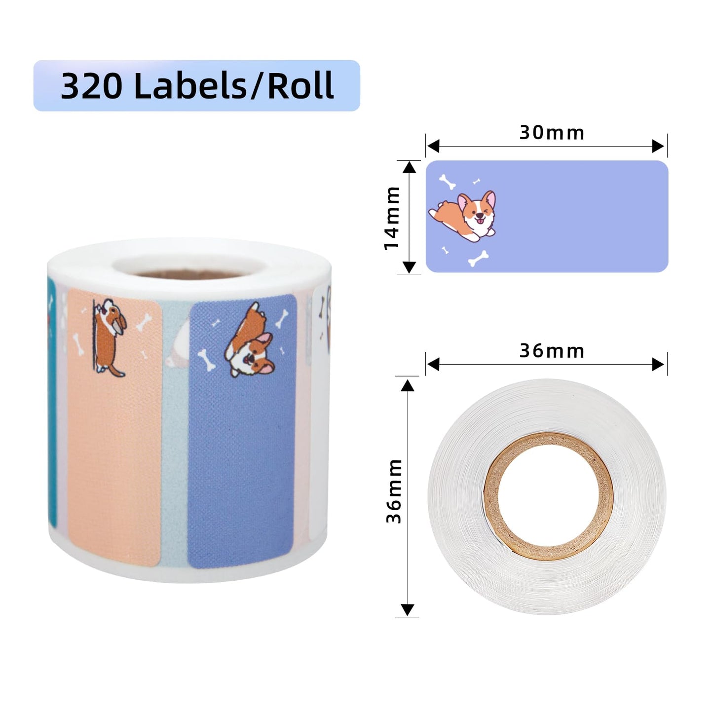 PUQU 30x14mm Cartoon Corgi Direct Thermal Sticker Labels, Self-Adhesive All-Purpose Label Maker Tape, Compatible with AQ/Q1 Series Label Printer, Refills Standard Laminated Office Labeling, 1 Rolls 1 Rolls/320 Labels