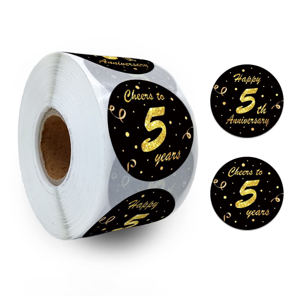 REWIDPARTY Black Gold 5th Anniversary Party Stickers Rolls Cheers to 5 Years Stickers Anniversary Party Decorations Happy 5th Birthday Adhesive Stickers Wedding Party Supplies(500 Per Roll) B