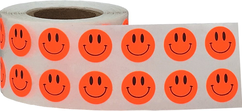 1/2" Inch Small Fluorescent Red Happy Face Labels, 1,000 Total Adhesive Stickers on a Roll, Perfect for Kids Classroom Incentives, Motivational Chart Use