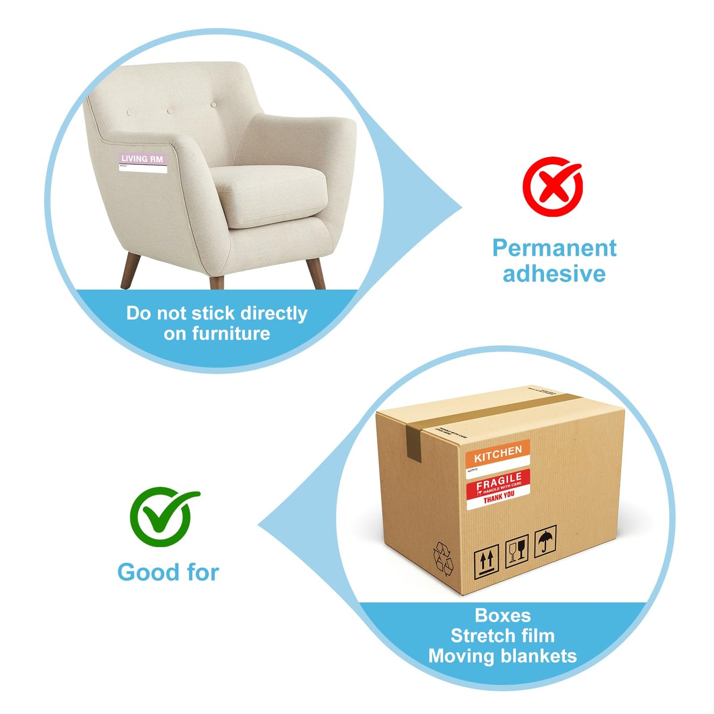 300 pcs Home Moving Labels,5 Pre-Printed Color-Coded Coding Labels with Writable Notes Areas Packing Box Stickers for Boxes with 50 Fragile Stickers & 50 Blank Ones (Each Measures1.7 x 3.6in) 2 x 3 in