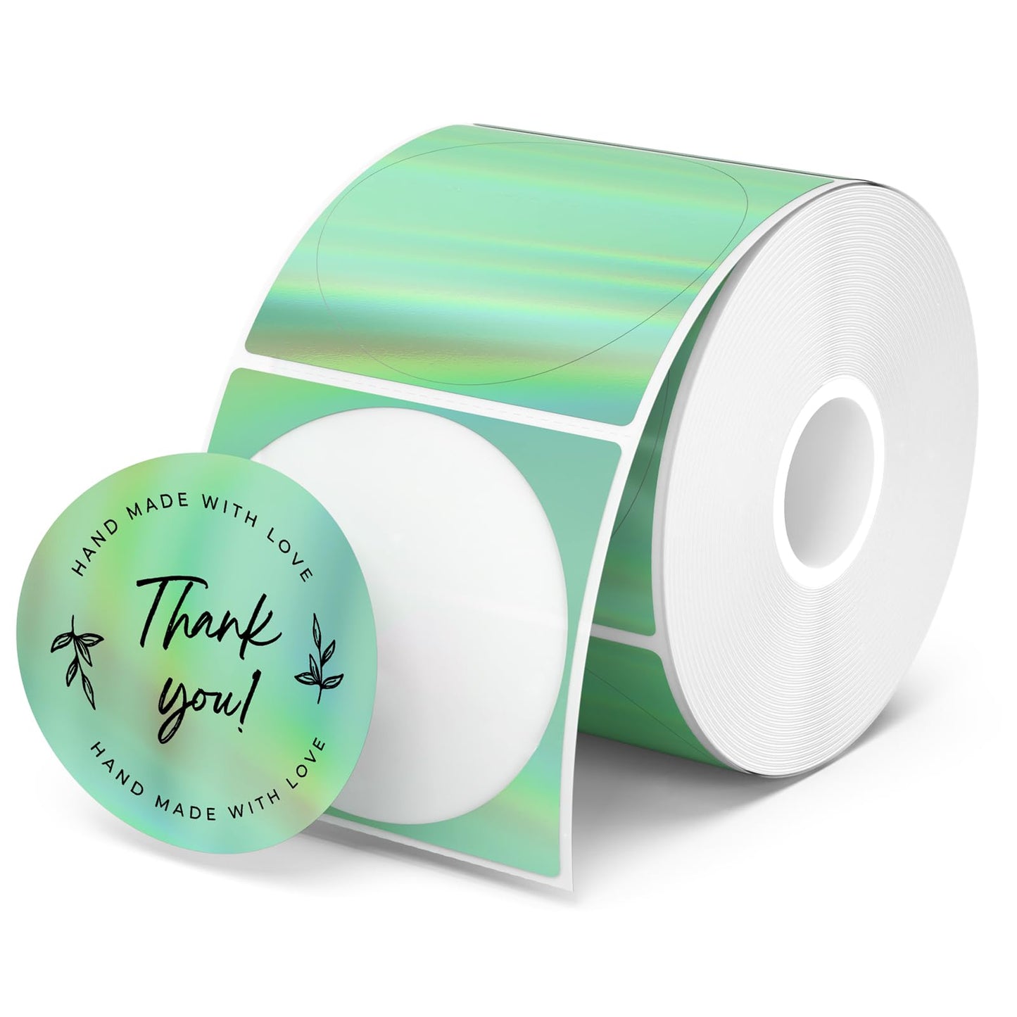 MUNBYN 2" Circle Holographic Thermal Label Stickers Green, Round Printable Rainbow Glitter Thermal Printer Sticker Labels for Gift Wrapping, Self-Adhesive Name Price Tag DIY Custom Logo Design 2" Holographic Green