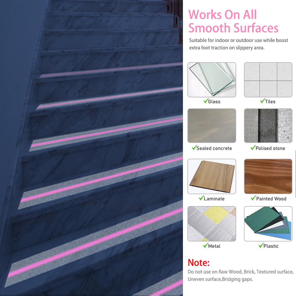 ONTWIE Anti Slip Tape, Clear Glow in The Dark Traction Grip Tape, 2 Inch x 32.8ft Waterproof Indoor/Outdoor, Non Slip Stair Treads Safety Tape(Clear with a line of Glow,Pink, 2" Width) clear with a line of glow,Pink
