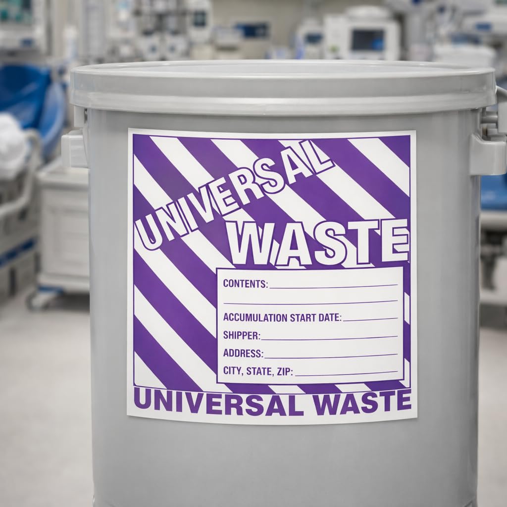 Universal Waste Labels, 6 x 6 inches, Purple/White, Self-Adhesive Vinyl, Pack of 25