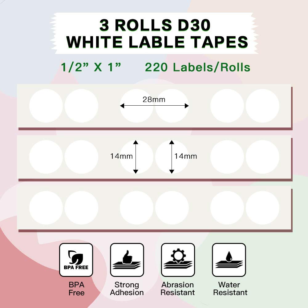 Phomemo D30 Adhesive White Circle Label Paper 1/2" X 1" (14mm X 28mm) 220 Labels/Roll, Black on White, 3 Roll