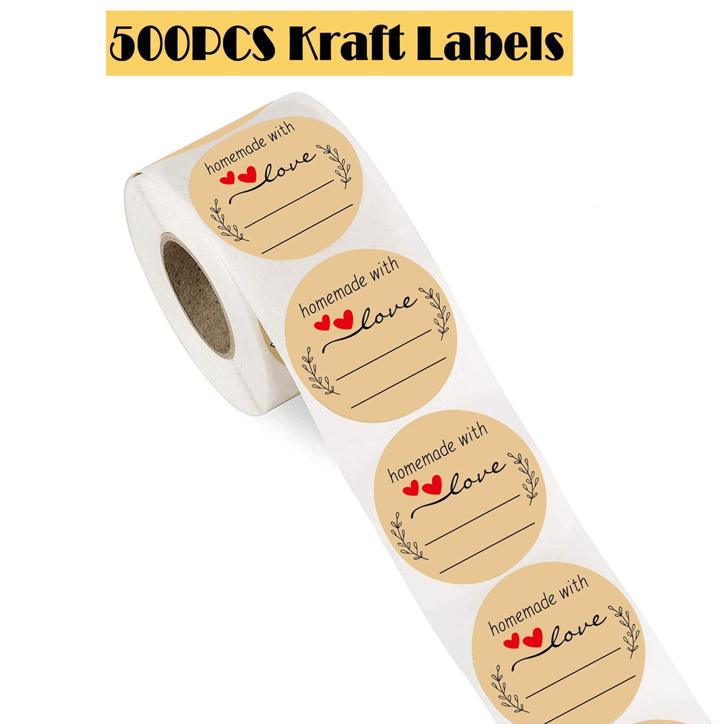 SALEMAR Homemade with Love Stickers 500PCS, 1.5 Inch Brown Kraft Label Stickers for Canning Bottles, Storage Bins, Food, Jars, Homemade Products