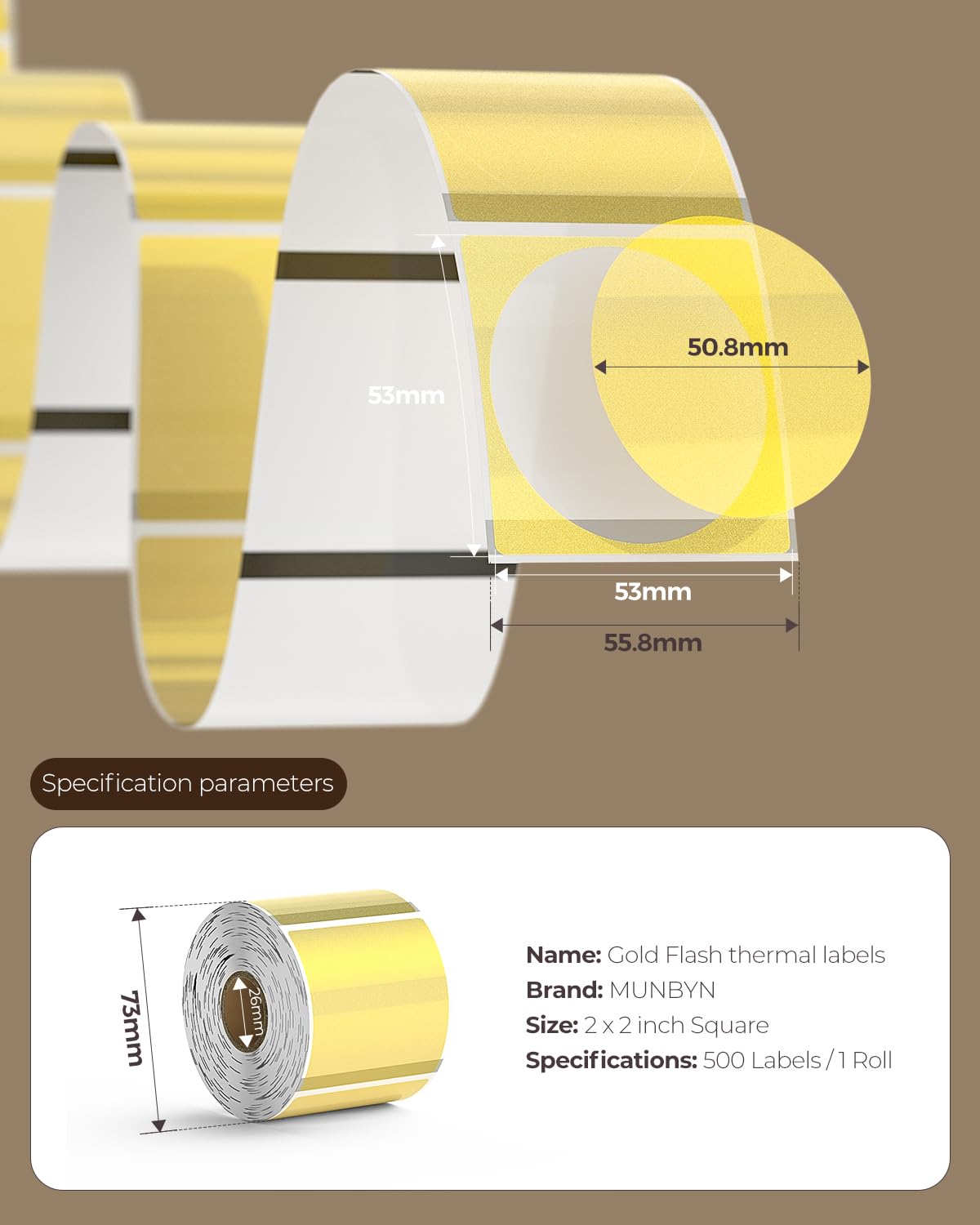 MUNBYN 2 Inch (50.8X 50.8mm) Gold Transparent Thermal Labels, Round Fine Glitter Printable Thermal Stickers for Small Businesses, 500 Labels/1 Roll 2"