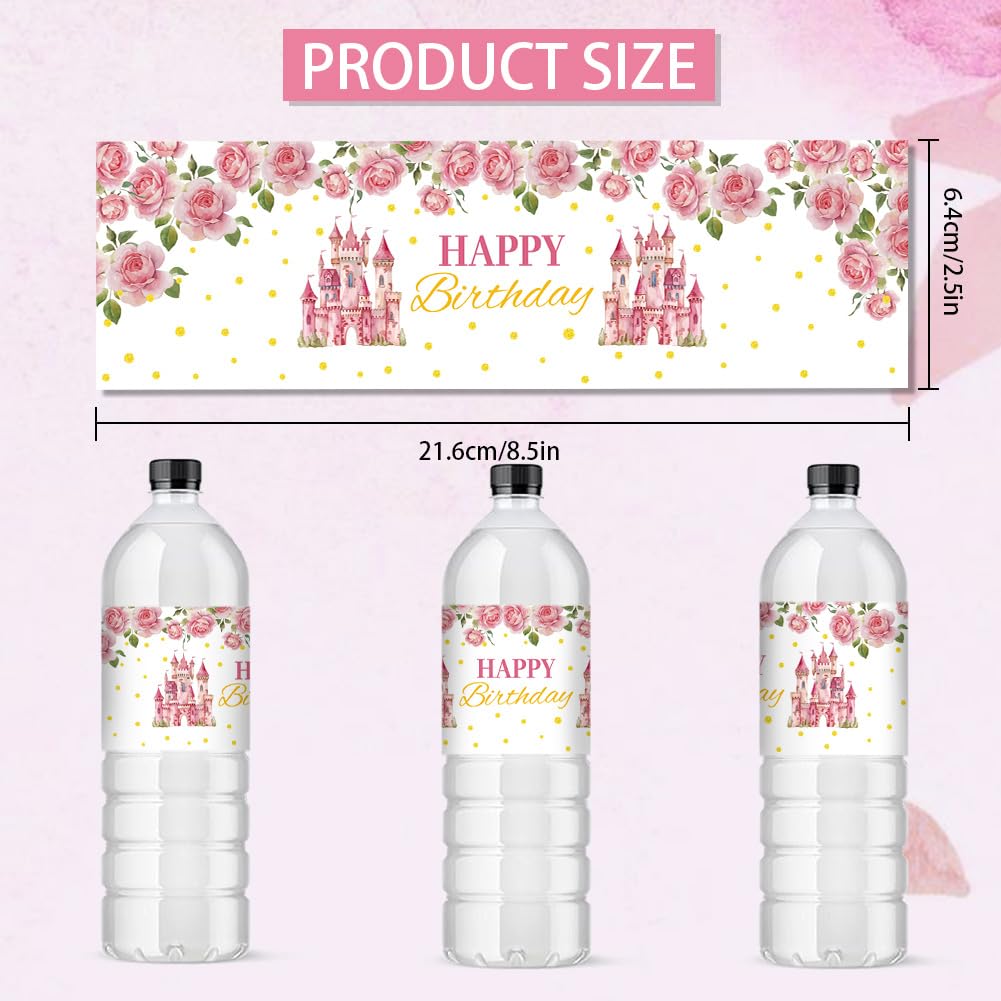 PH PandaHall 30pcs Happy Birthday Water Bottle Labels, Adhesive Bottle Labels Stickers Castle Flowers Waterproof Water Bottle Wraps Party Favor Decorations for Birthday Party, 8.5x2.5 inch