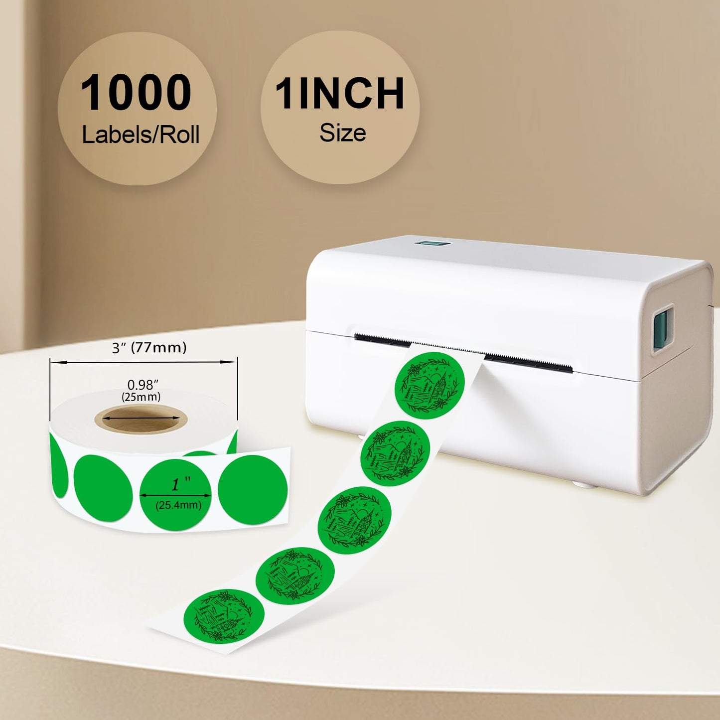 1 Inch Round Thermal Sticker Labels,Color Dot Stickers,Label Stickers,Waterproof,Oil Proof,for Thermal Printers,DIY,Office,Retail,Home and Warehouse Organization(Green,1000 Pcs) Green