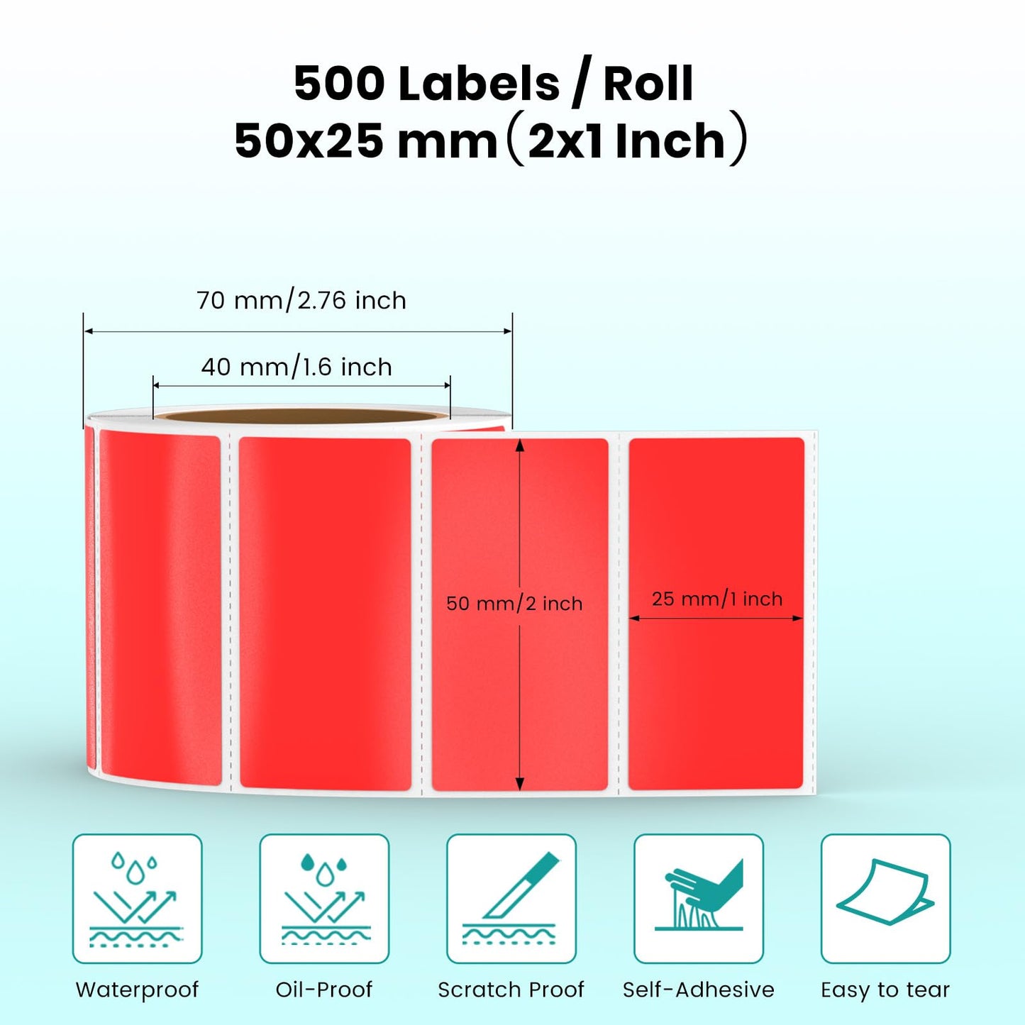 Red Direct Thermal Labels Vinyl 1 × 2 Inch Self-Adhesive Rectangle Stickers Roll Waterproof Printer Decals Name Tag for QR Code DIY Office Address 500 PCS Red