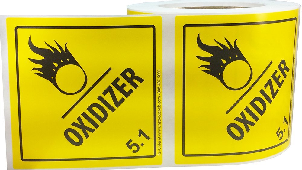 Hazard Class 5 D.O.T. Oxidizer Labels 4x4 Inch Square 500 Adhesive Labels