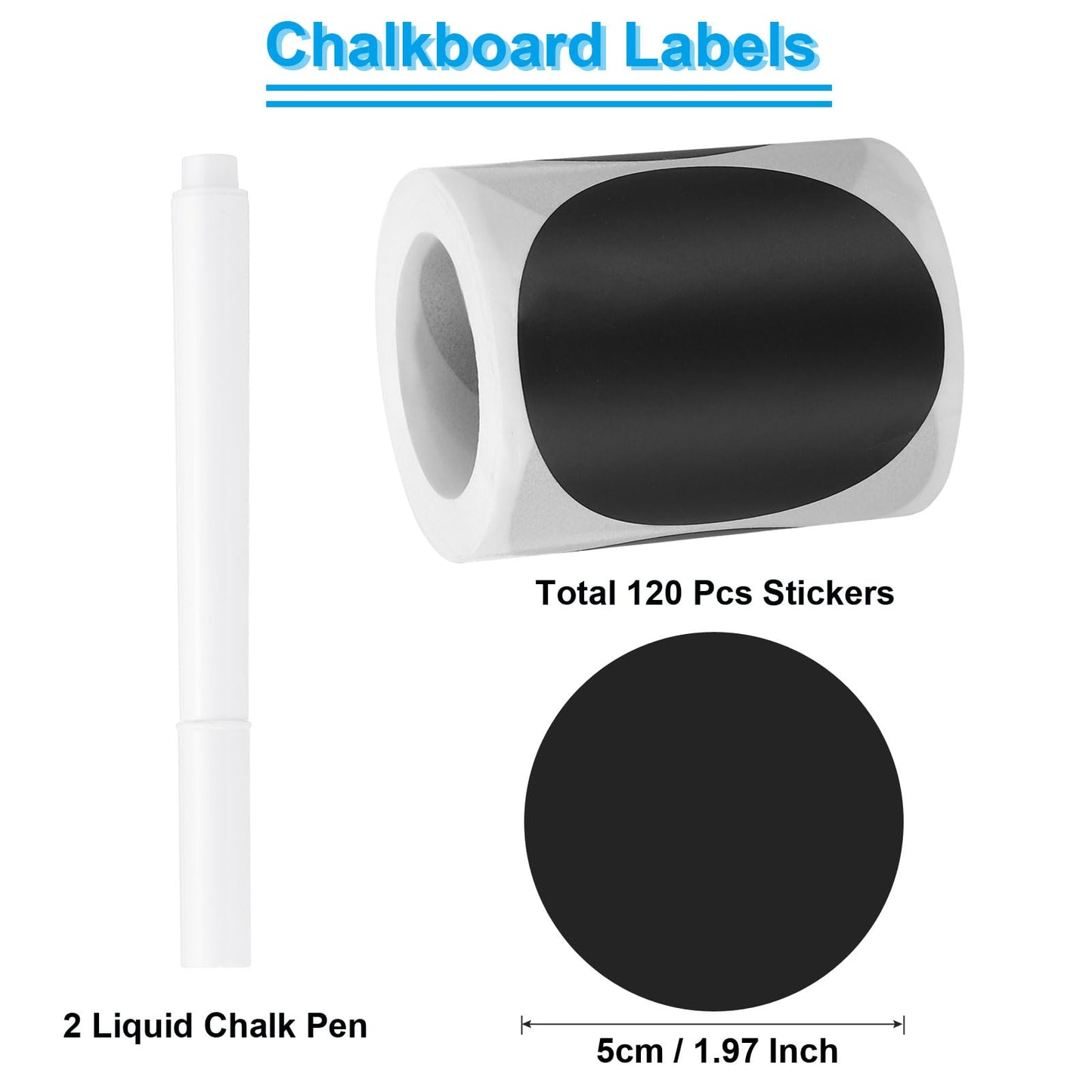 PATIKIL Chalkboard Labels, 120 Pcs Erasable Reusable Blackboard Stickers with 2 Liquid Chalk Pen, Waterproof Pantry Labels for Containers, Jars, Storage Bins (Round)