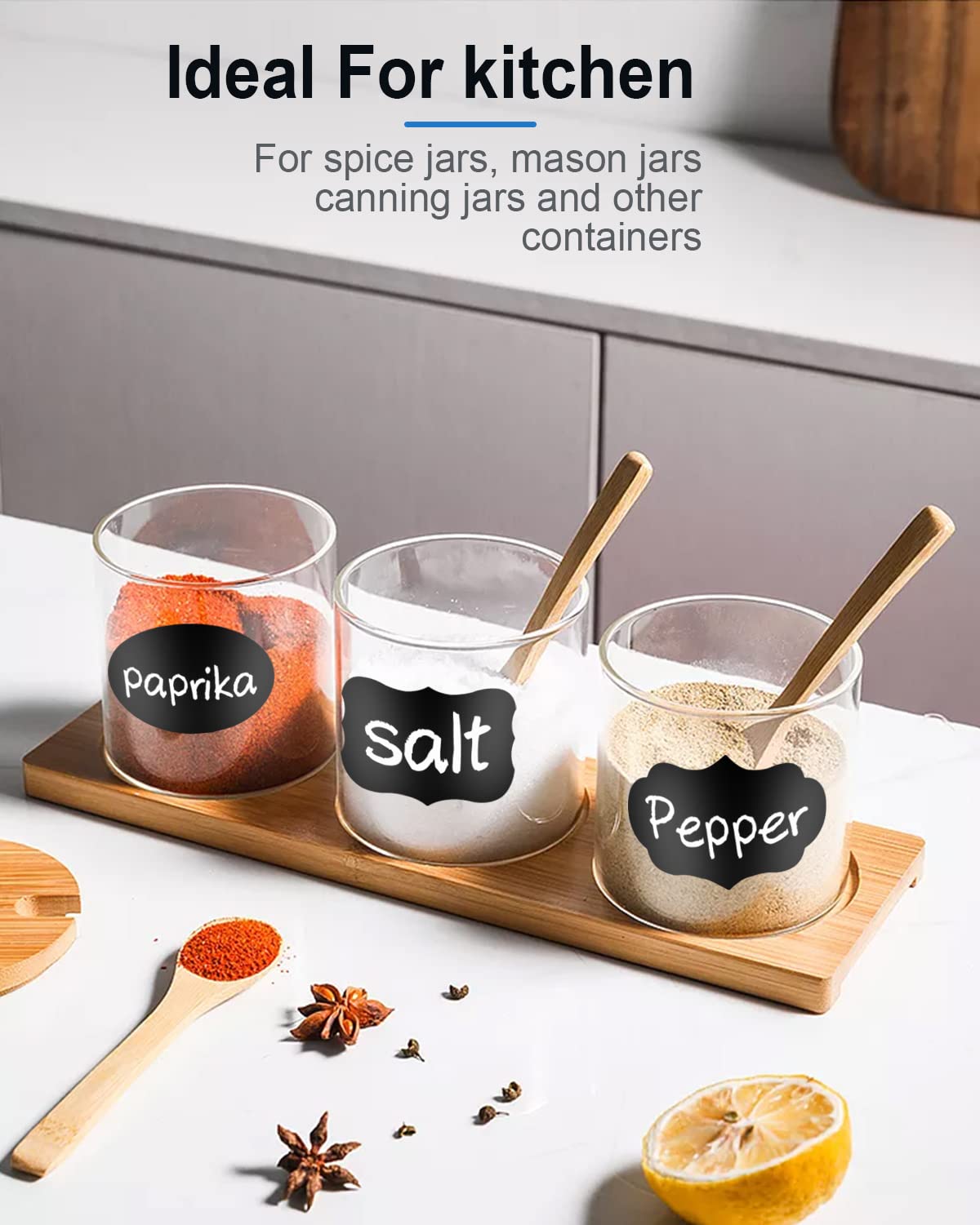 120 Chalkboard Labels Free Chalk Pen- Food or Spice Label for Bottles in Kitchen or Pantry- Multiform Black Labels for Food containers, Mason Jars, Storage Bins,Reusable Waterproof Removable Stickers Mult-shape