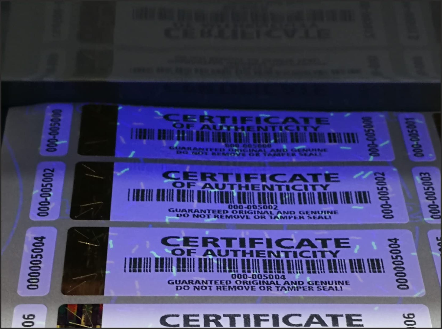 250 pcs High Security Certificate of Authenticity Labels Security Stickers with Golden Hologram Stripe, UV Security Feature and Extra Label with Serial Number 2.75 x 0.78 inch