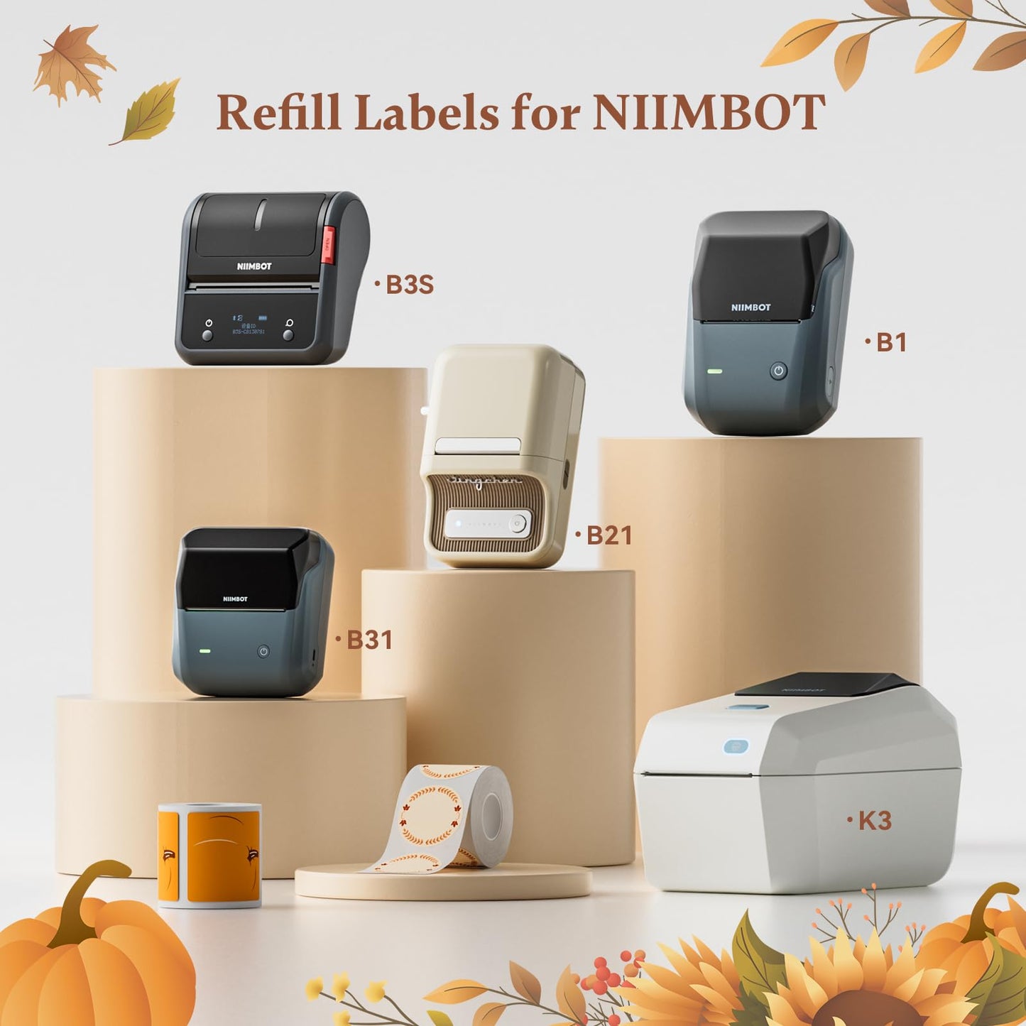NIIMBOT Thanksgiving Stikers for B1 B21 B3S K3 Label Maker, 2'' x 2'' (50x50mm) Printer Labels, Pumpkin Round Label Stickers for Kids 49x49mm-pumpkin