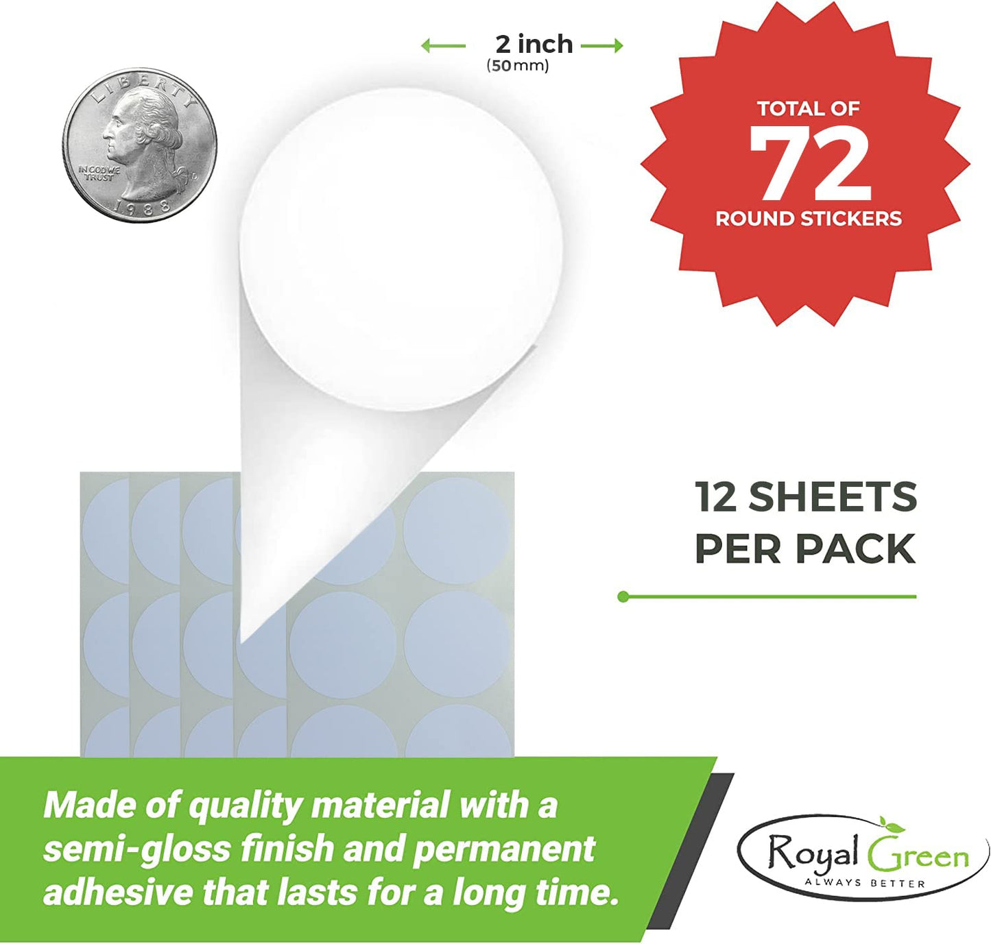 Round 2" inch White Sticker 50mm Dot Labels for Multi-Purpose for Jars, Storage, and Identification - Permanent Adhesive Label Stickers - 72 Pack 72-Pack