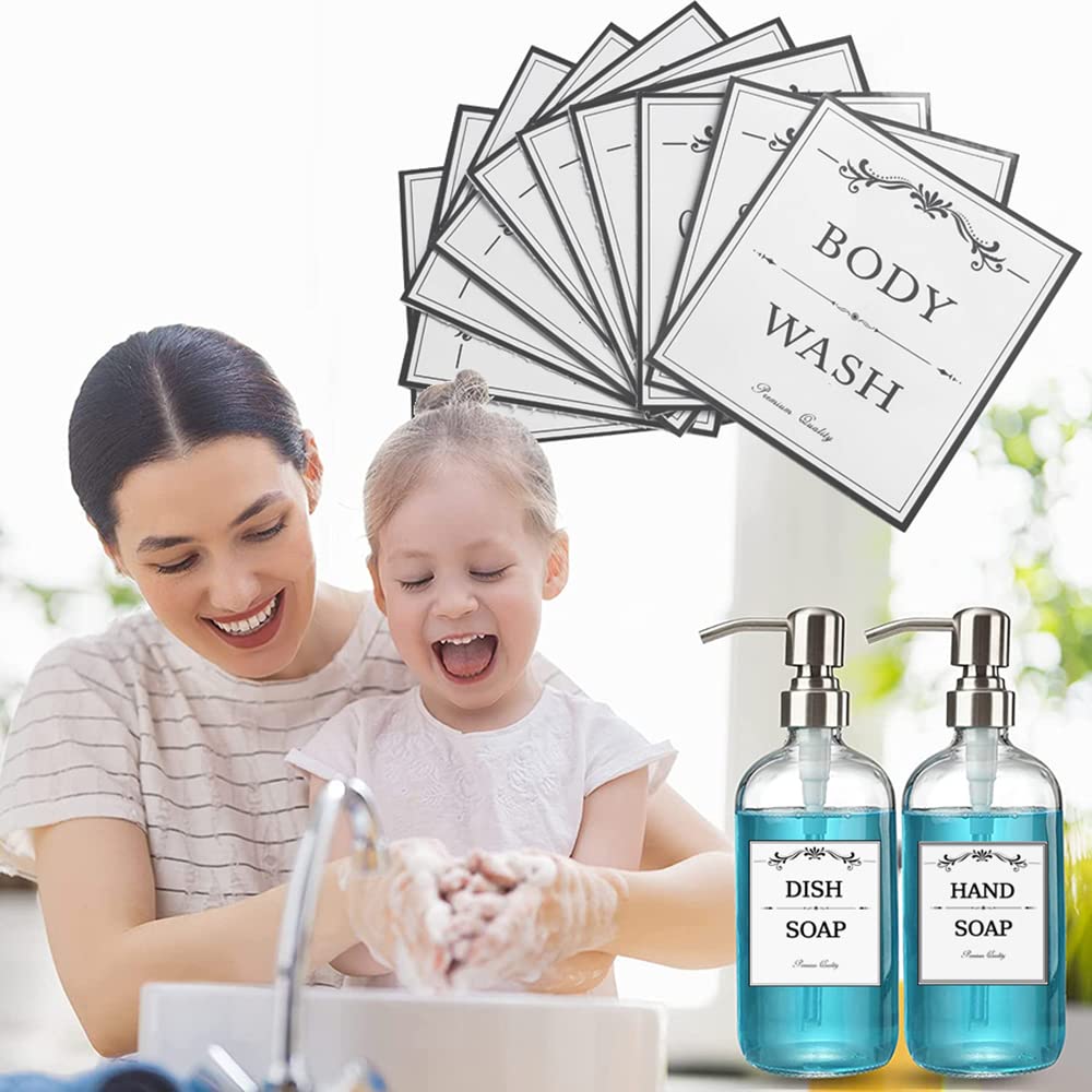 Printed Bathroom Labels Set 24PCS Waterproof Refillable Bottles Stickers for Dish Soap Body Wash Conditioner Shampoo Display White-Style B