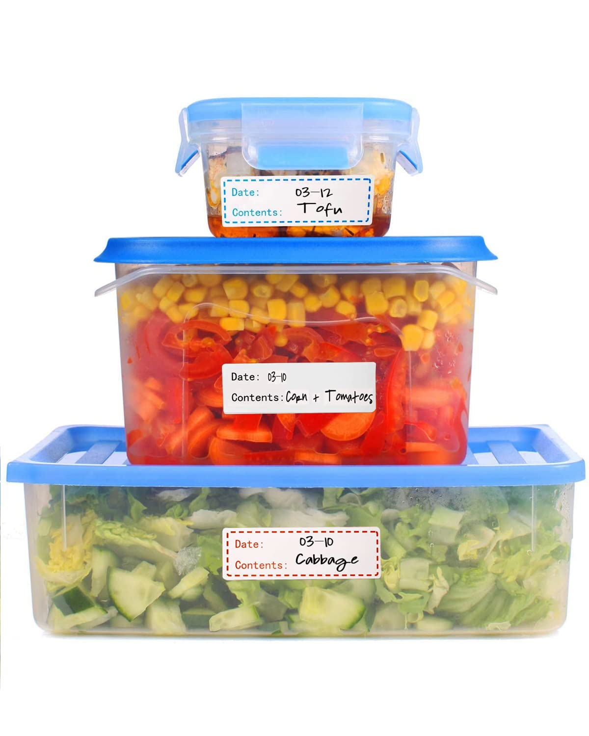 480pcs Removable Freezer Labels, 1 x 3 Inch Food Storage Stickers, Refrigerator Freezer Paper Label Easy Clean Leaves No Residue Blue, Red and White