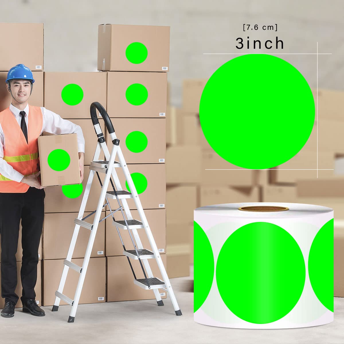 PARLAIM 3 Inch Color Coding Dot Stickers, 500 per Dispenser Box Color Coded Circle Label, Fluorescent Green Inventory Large Stickers 1 Roll-500PCS